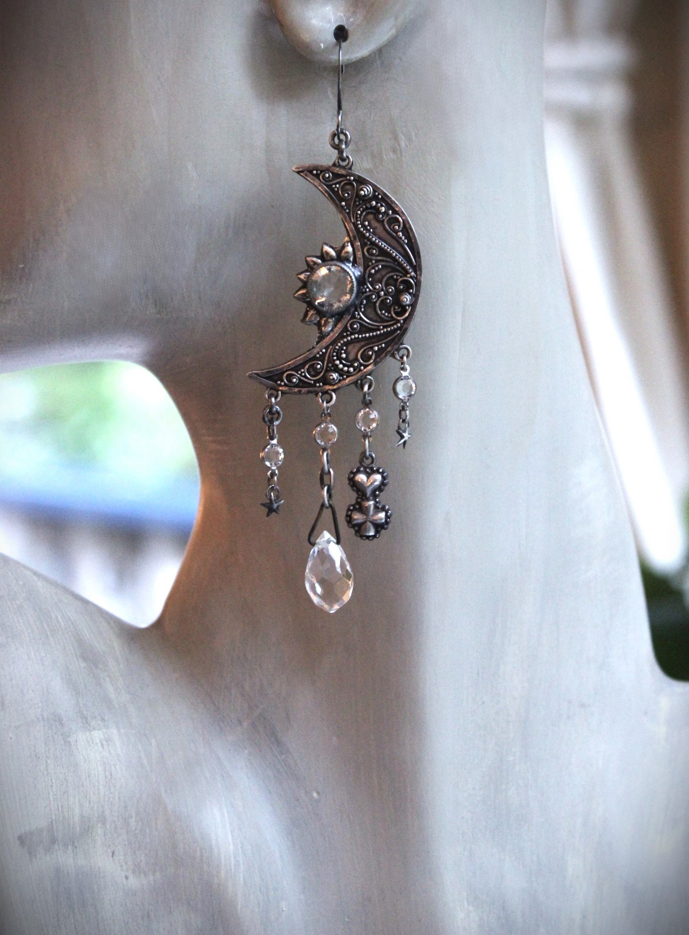 Light Persists Earrings w/Intricate Antique Sterling Crescent Moons, Tiny Sterling Stars, Faceted Rock Crystal Tear Drops,Sterling Heart Cross
