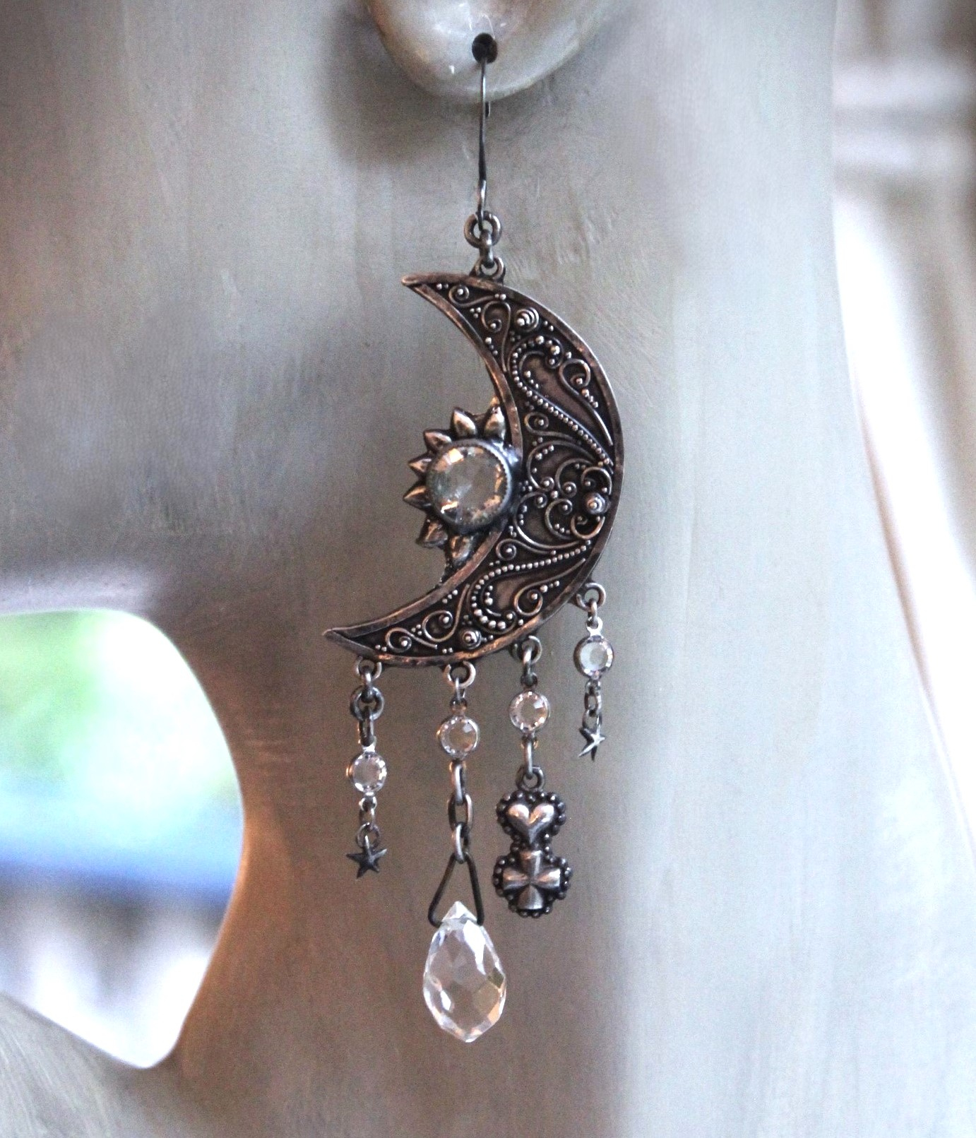 Light Persists Earrings w/Intricate Antique Sterling Crescent Moons, Tiny Sterling Stars, Faceted Rock Crystal Tear Drops,Sterling Heart Cross