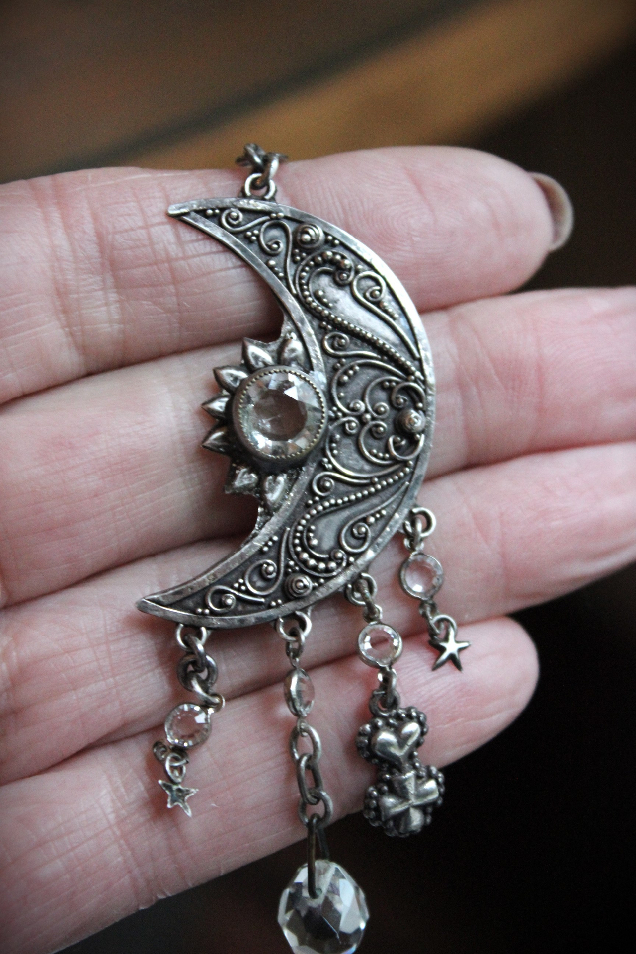 Light Persists Earrings w/Intricate Antique Sterling Crescent Moons, Tiny Sterling Stars, Faceted Rock Crystal Tear Drops,Sterling Heart Cross