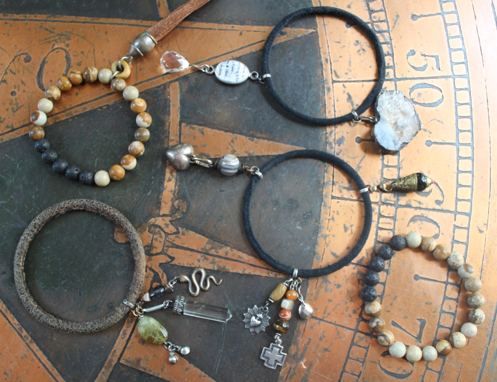 Set of Five Bangles with Suede and Distressed Leather, Sterling Capped Rock Quartz Point, Unique Drops, Sterling Cross, Druzy Crystal Heart & More!