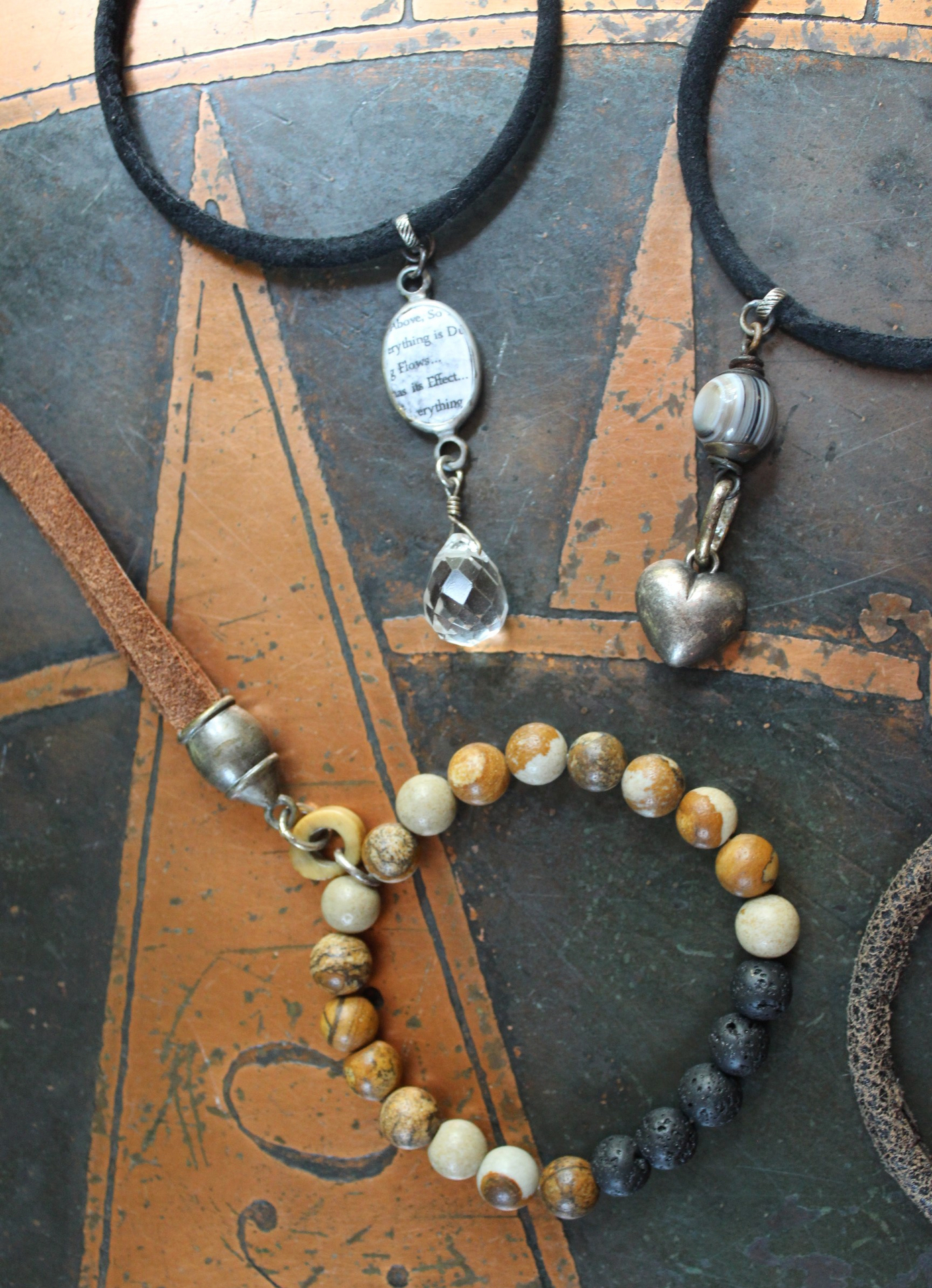 Set of Five Bangles with Suede and Distressed Leather, Sterling Capped Rock Quartz Point, Unique Drops, Sterling Cross, Druzy Crystal Heart & More!