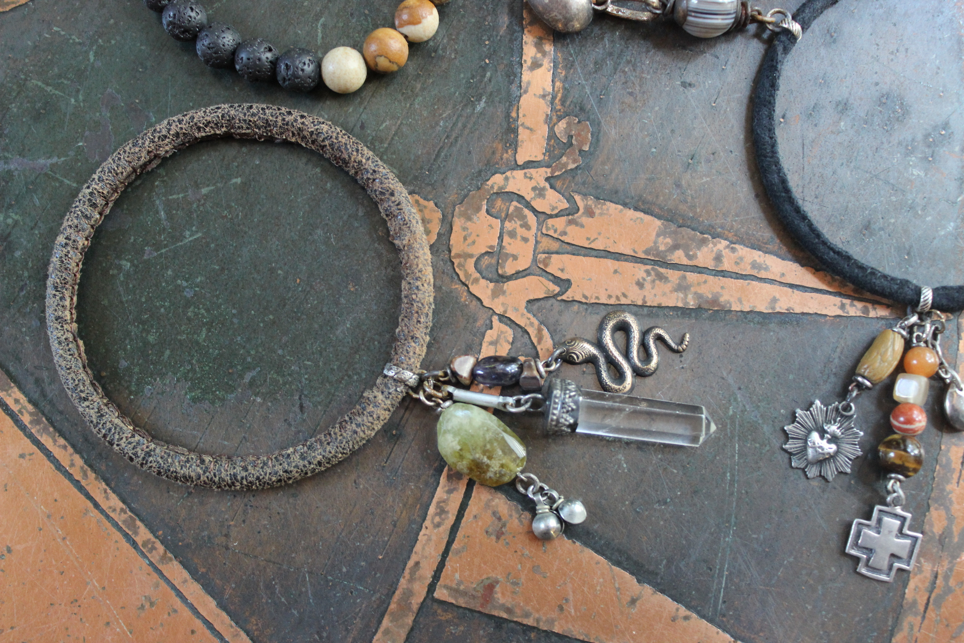 Set of Five Bangles with Suede and Distressed Leather, Sterling Capped Rock Quartz Point, Unique Drops, Sterling Cross, Druzy Crystal Heart & More!