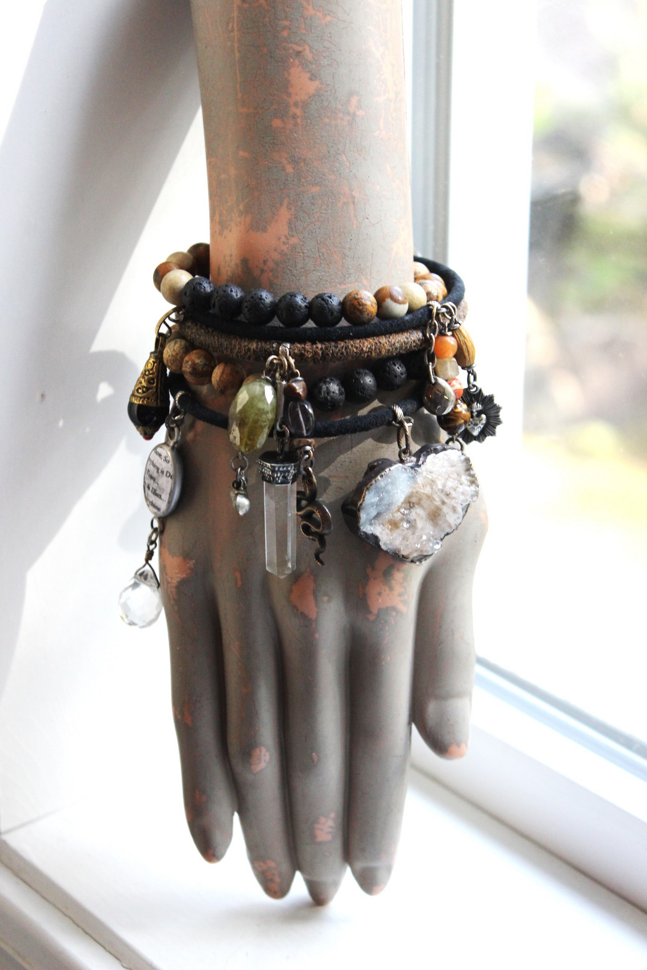 Set of Five Bangles with Suede and Distressed Leather, Sterling Capped Rock Quartz Point, Unique Drops, Sterling Cross, Druzy Crystal Heart & More!