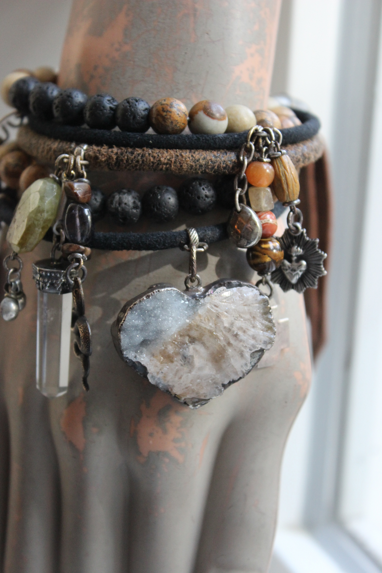 Set of Five Bangles with Suede and Distressed Leather, Sterling Capped Rock Quartz Point, Unique Drops, Sterling Cross, Druzy Crystal Heart & More!