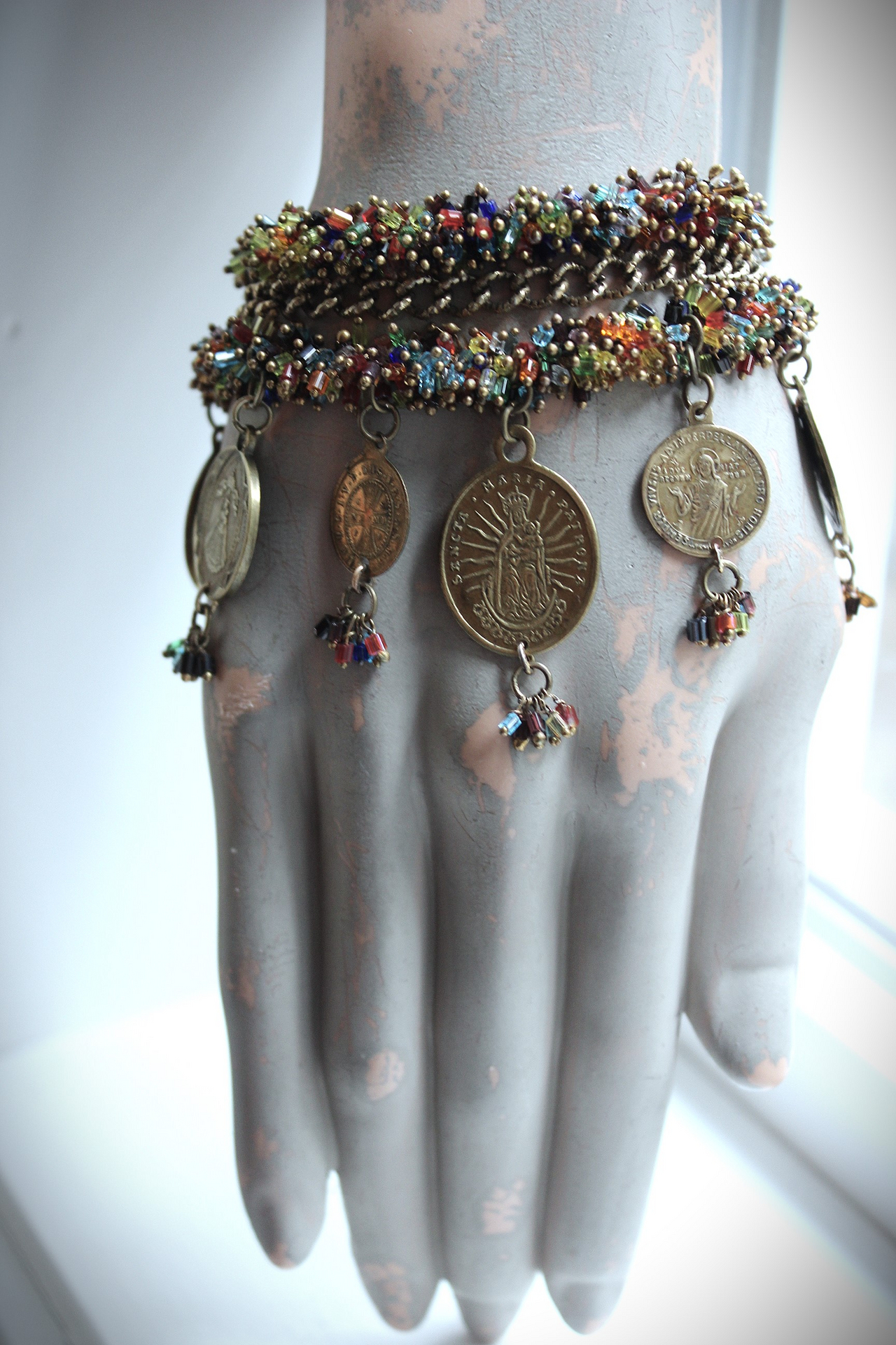 Unique 3 Strand Bracelet with 9 Antique French Medals, Hundreds of Tiny Bead Drops, Vintage Chain & Clasp