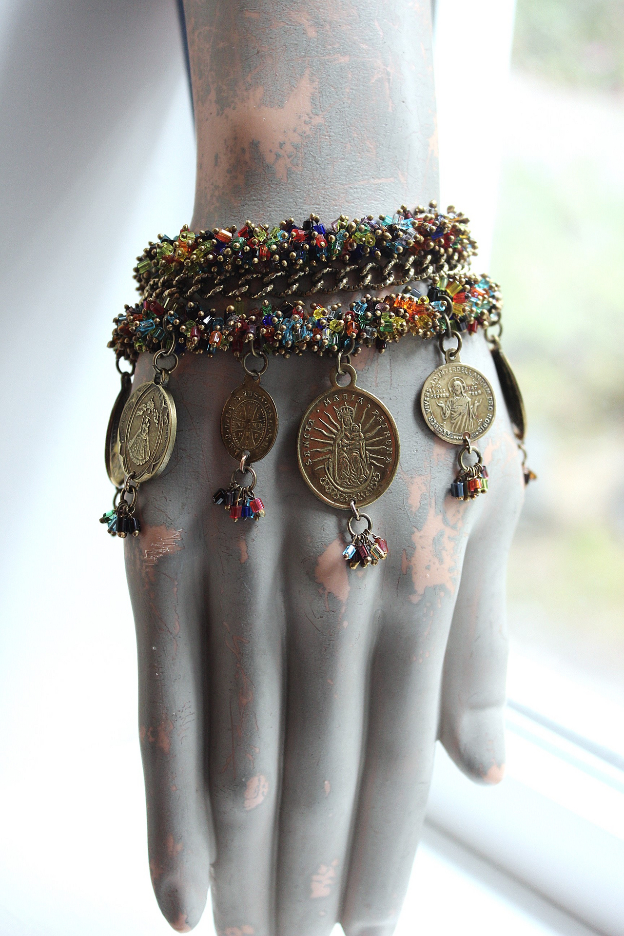 Unique 3 Strand Bracelet with 9 Antique French Medals, Hundreds of Tiny Bead Drops, Vintage Chain & Clasp