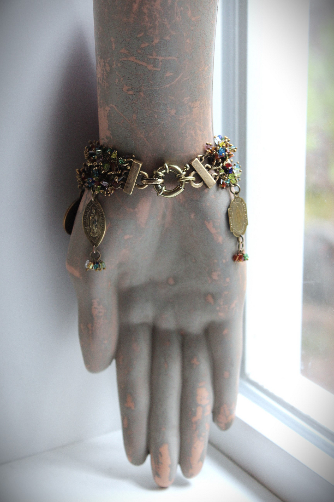 Unique 3 Strand Bracelet with 9 Antique French Medals, Hundreds of Tiny Bead Drops, Vintage Chain & Clasp
