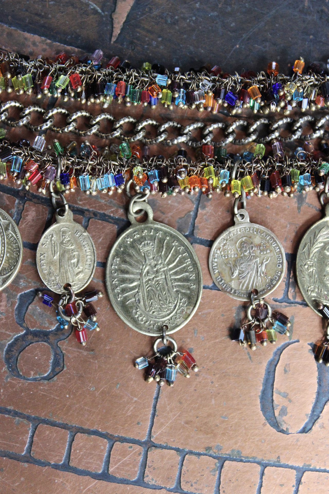 Unique 3 Strand Bracelet with 9 Antique French Medals, Hundreds of Tiny Bead Drops, Vintage Chain & Clasp