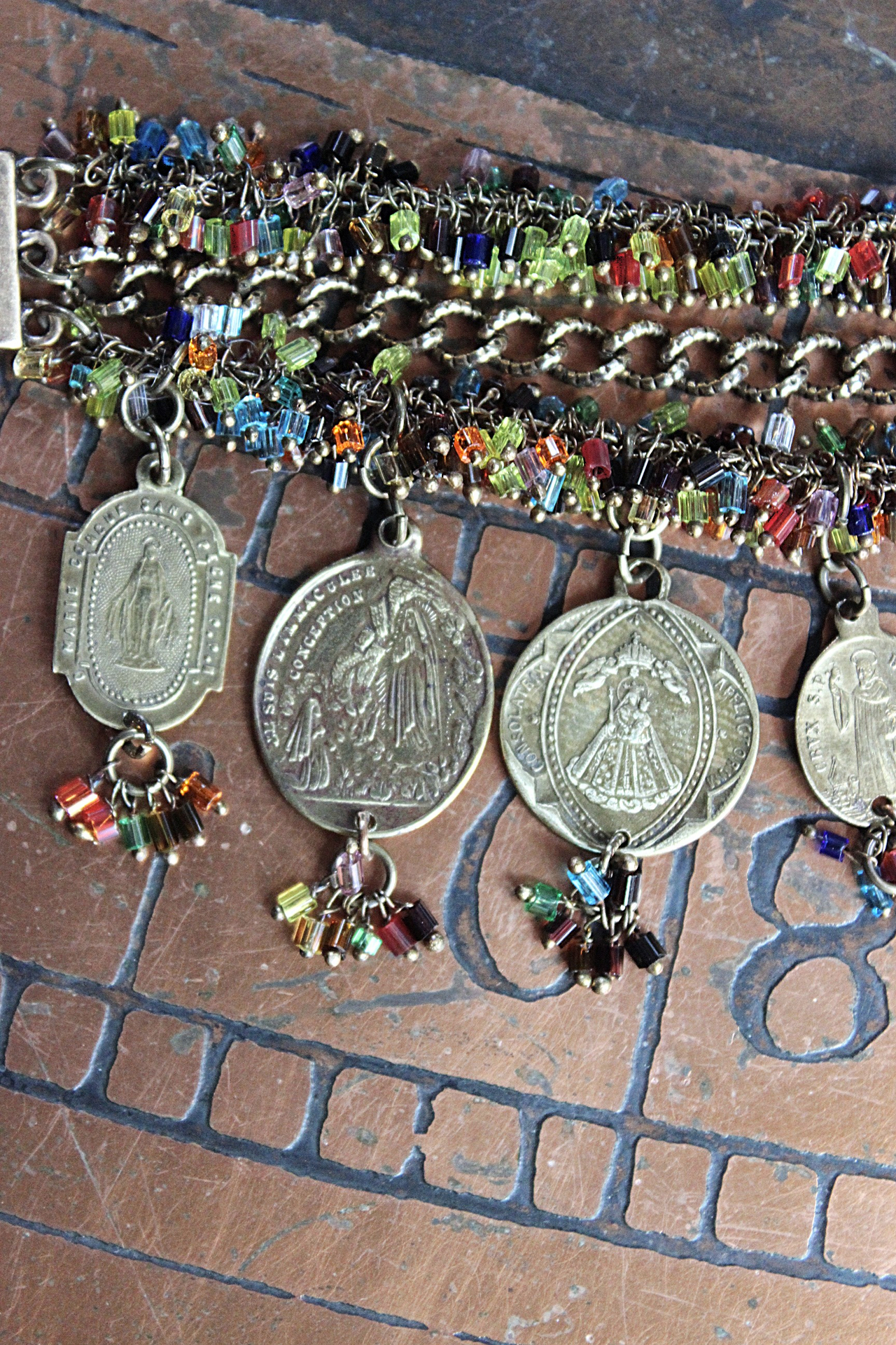 Unique 3 Strand Bracelet with 9 Antique French Medals, Hundreds of Tiny Bead Drops, Vintage Chain & Clasp
