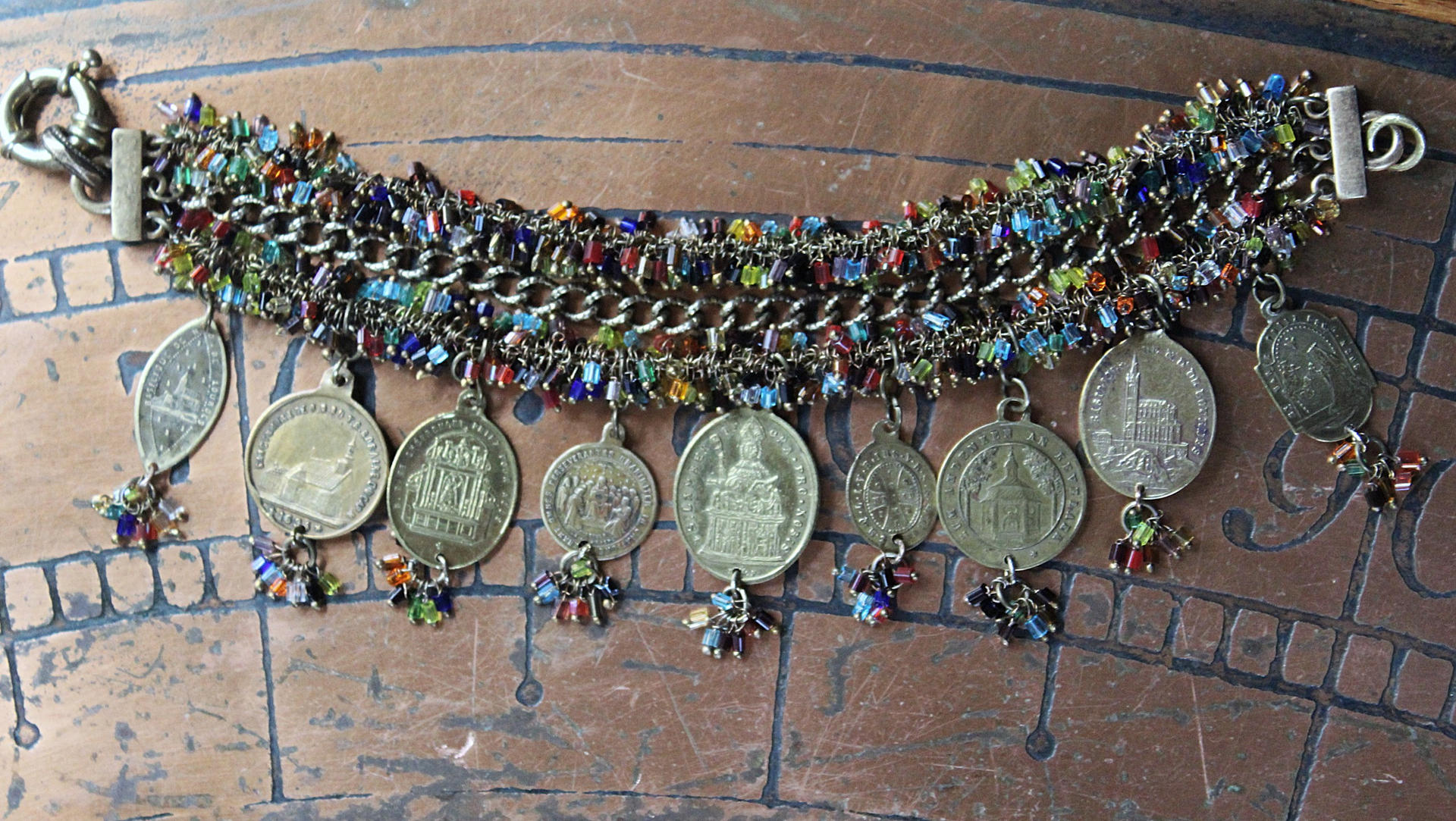 Unique 3 Strand Bracelet with 9 Antique French Medals, Hundreds of Tiny Bead Drops, Vintage Chain & Clasp