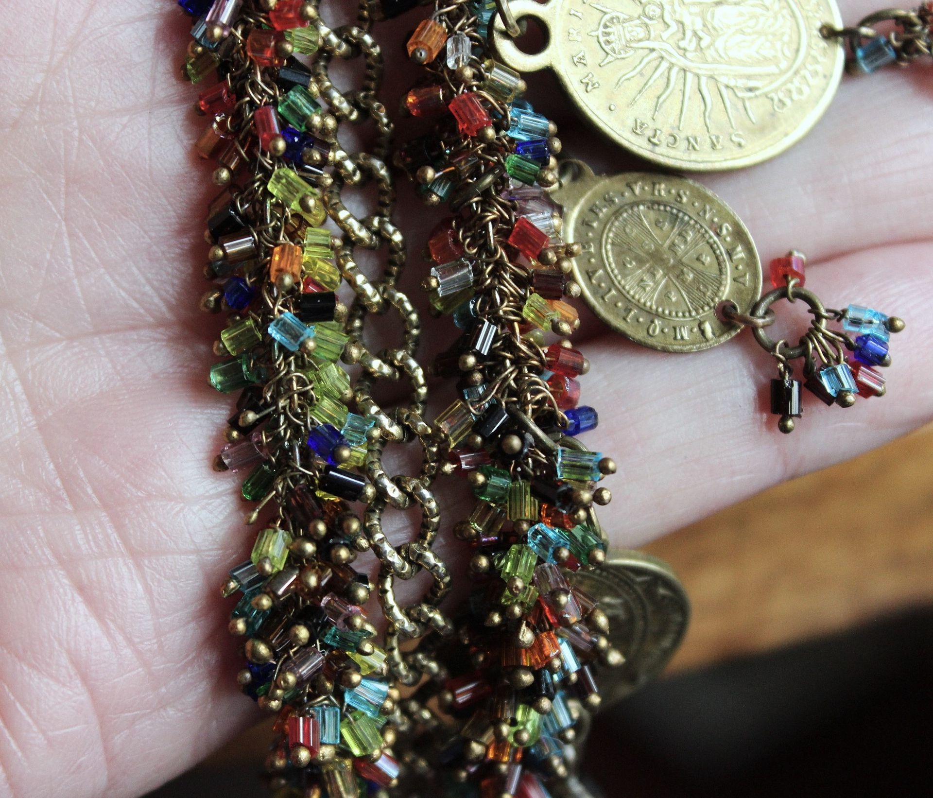 Unique 3 Strand Bracelet with 9 Antique French Medals, Hundreds of Tiny Bead Drops, Vintage Chain & Clasp