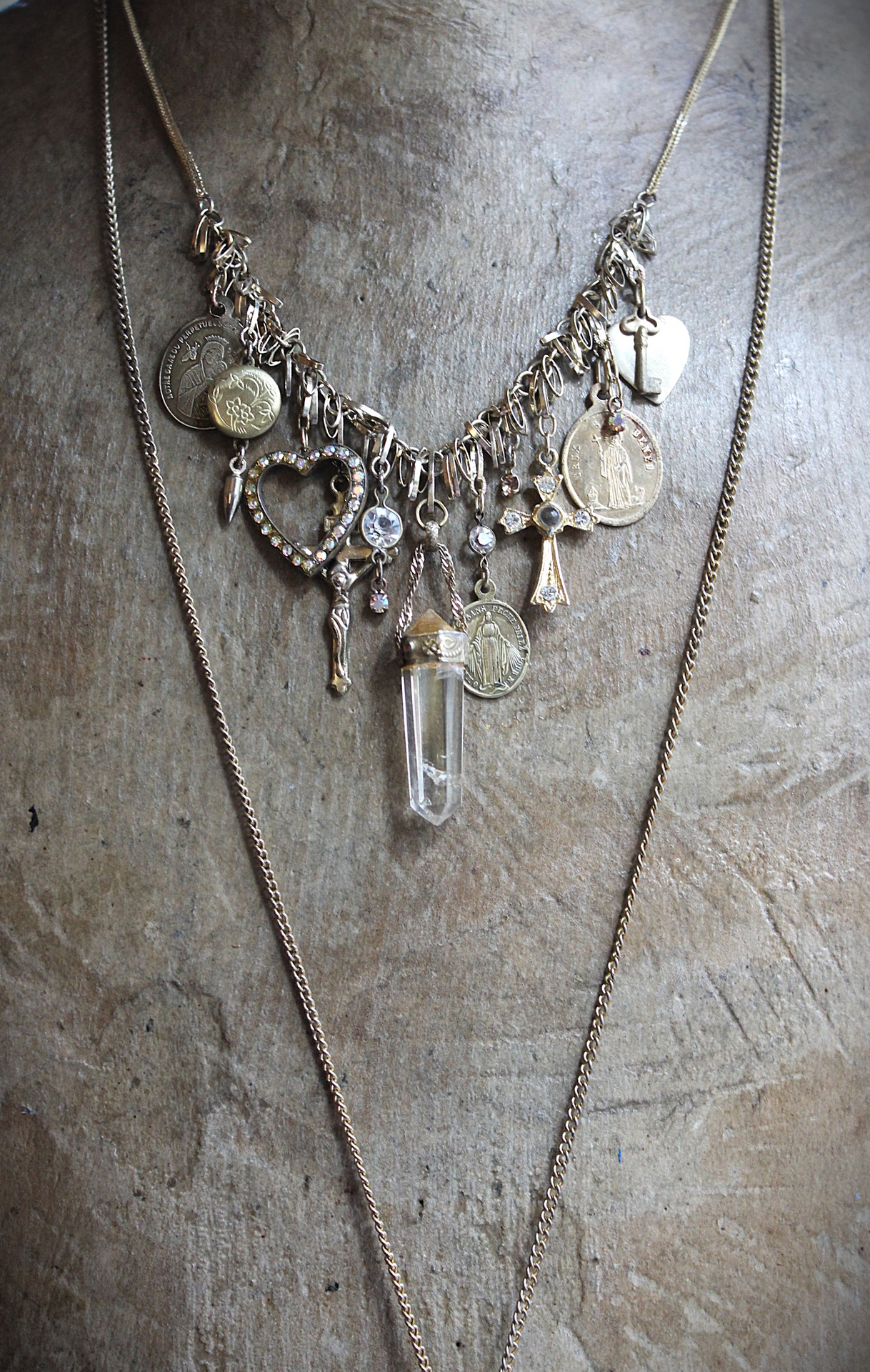 Charm Necklace Set with Solid Perfume Pendant Locket, Quartz Point Drops,Antique French Medals,Hearts,Locket & More!