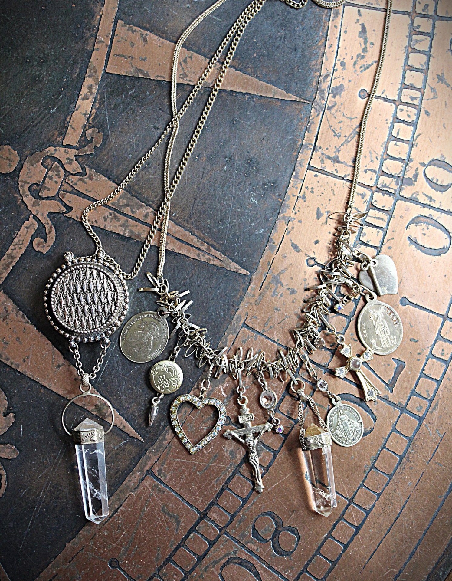 Charm Necklace Set with Solid Perfume Pendant Locket, Quartz Point Drops,Antique French Medals,Hearts,Locket & More!