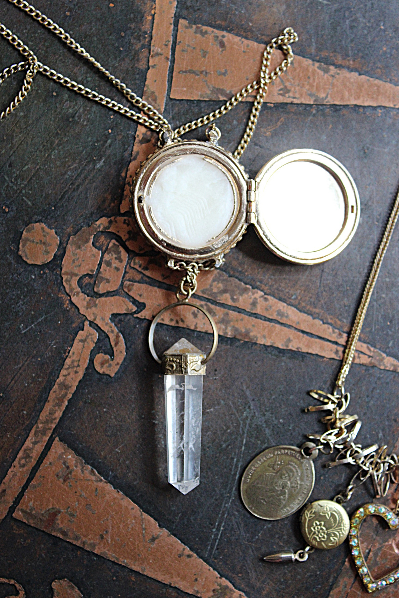 Charm Necklace Set with Solid Perfume Pendant Locket, Quartz Point Drops,Antique French Medals,Hearts,Locket & More!