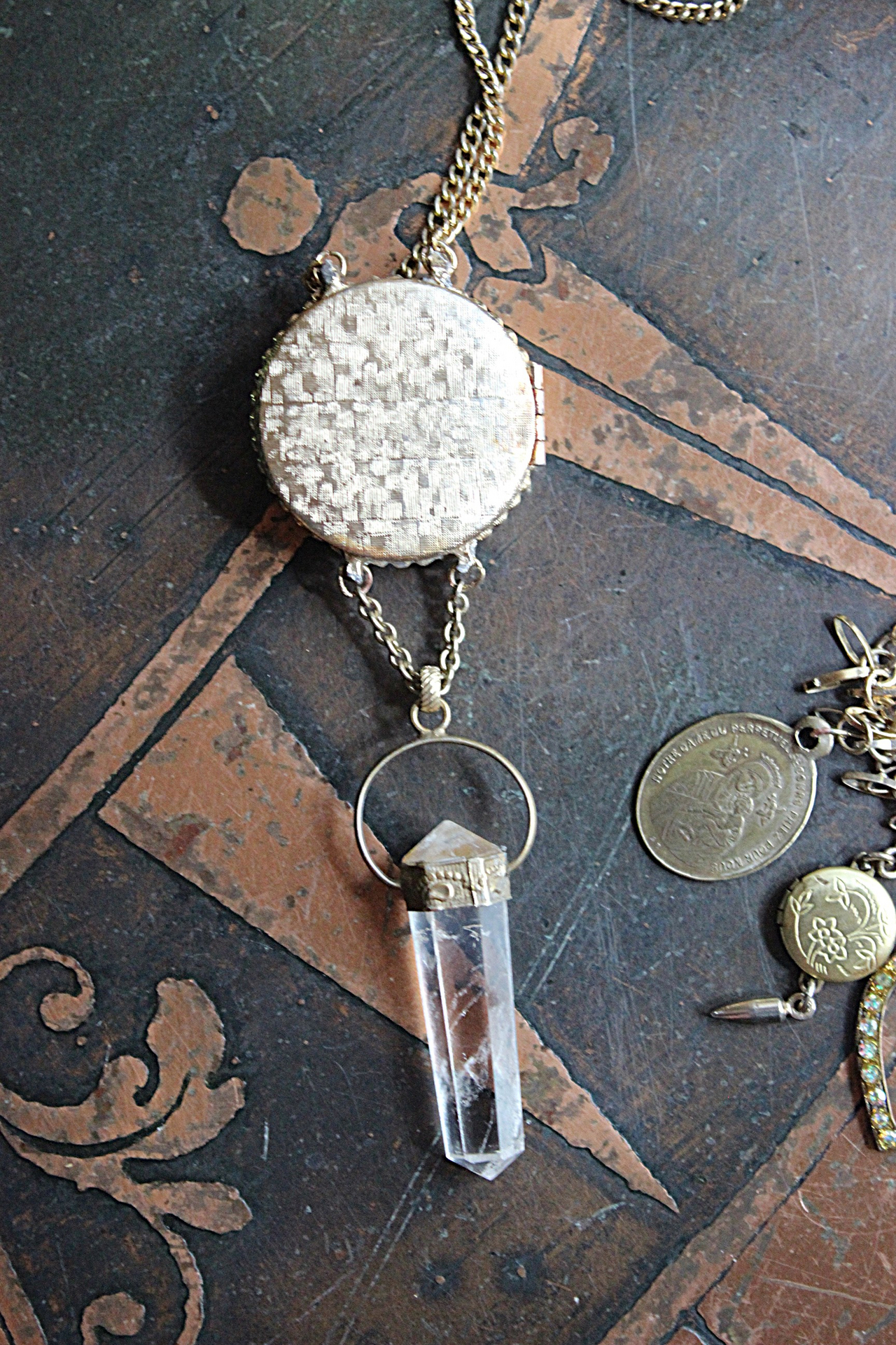 Charm Necklace Set with Solid Perfume Pendant Locket, Quartz Point Drops,Antique French Medals,Hearts,Locket & More!