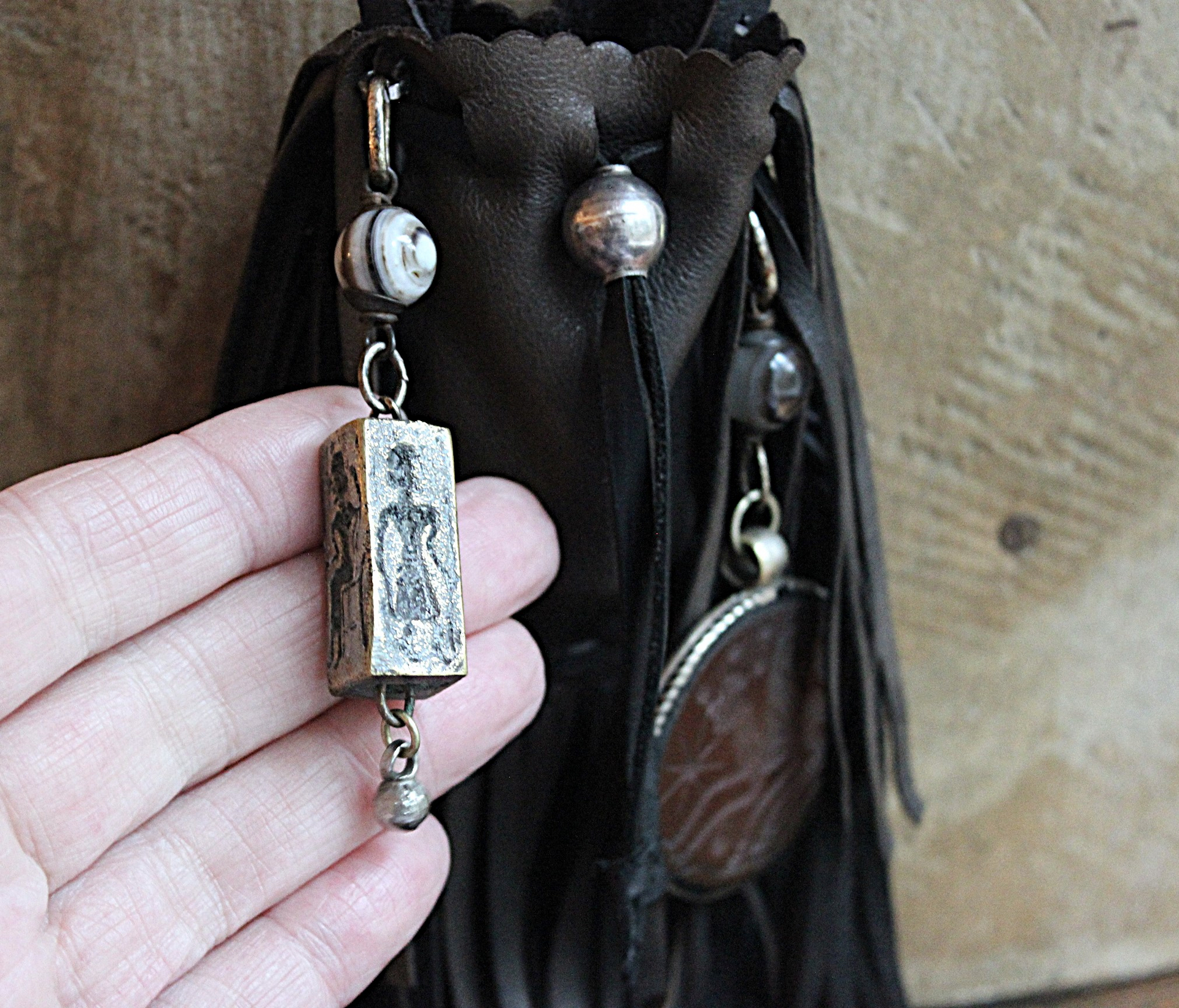 Ancient Zoroastrian Pendants and Stamping Bead Amulets Necklace Set with Antique Agate Connectors,Sterling Bead,Leather Fringe Pouch & Ties