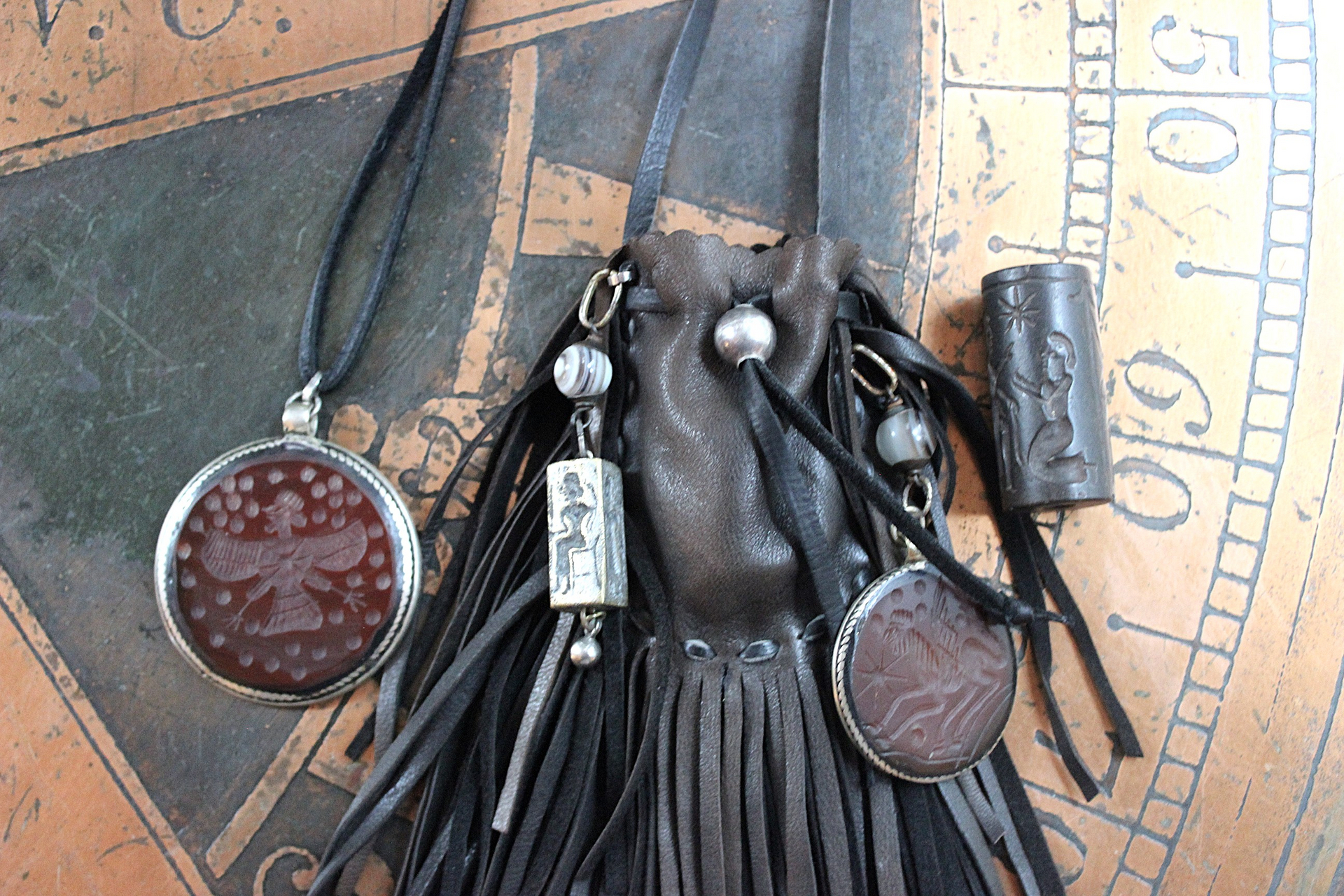 Ancient Zoroastrian Pendants and Stamping Bead Amulets Necklace Set with Antique Agate Connectors,Sterling Bead,Leather Fringe Pouch & Ties