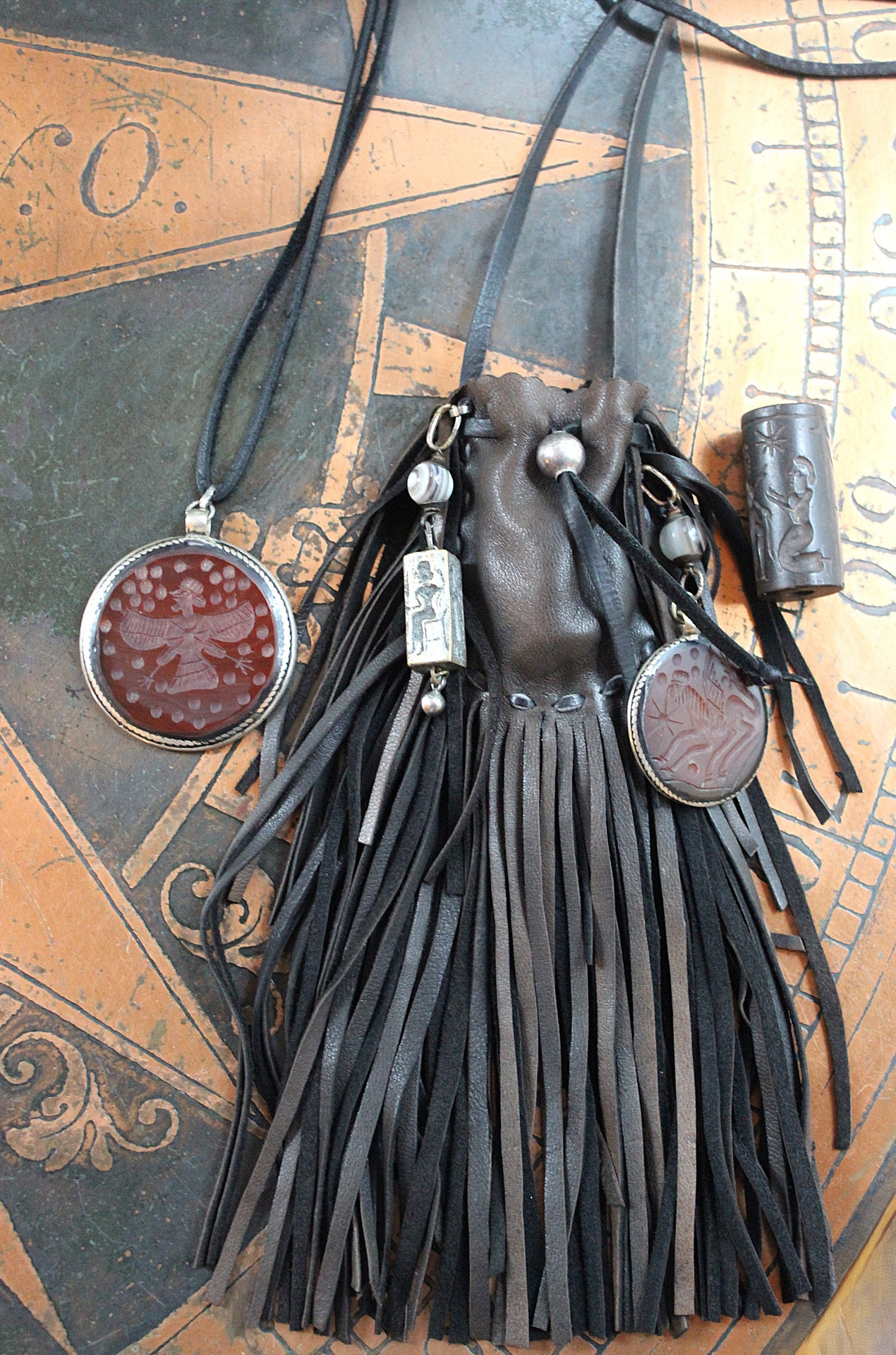 Ancient Zoroastrian Pendants and Stamping Bead Amulets Necklace Set with Antique Agate Connectors,Sterling Bead,Leather Fringe Pouch & Ties