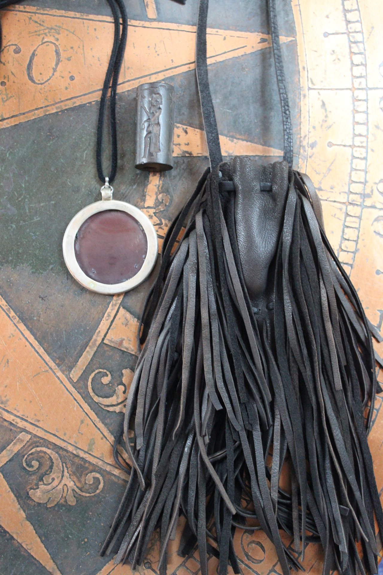 Ancient Zoroastrian Pendants and Stamping Bead Amulets Necklace Set with Antique Agate Connectors,Sterling Bead,Leather Fringe Pouch & Ties