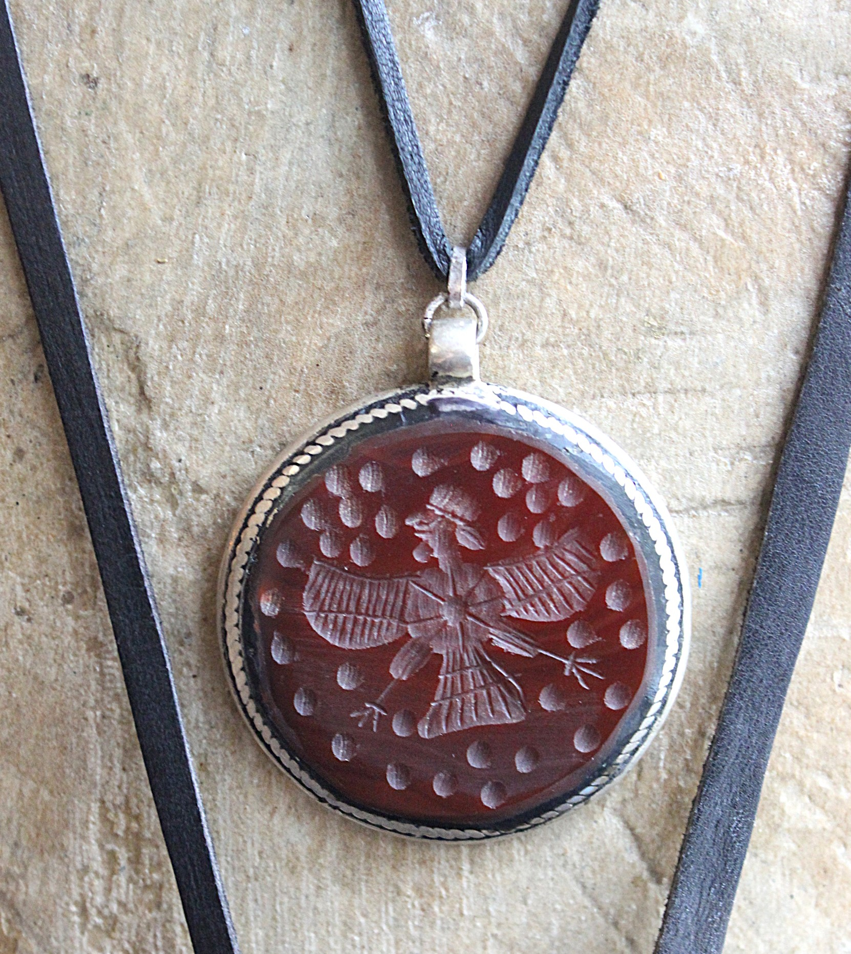 Ancient Zoroastrian Pendants and Stamping Bead Amulets Necklace Set with Antique Agate Connectors,Sterling Bead,Leather Fringe Pouch & Ties