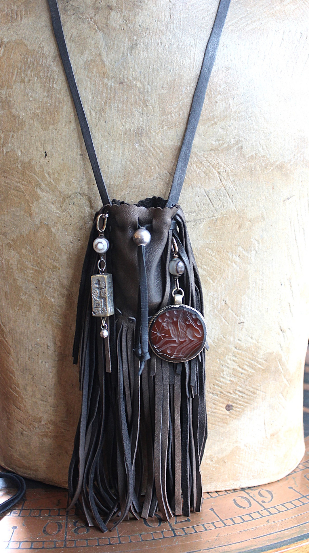 Ancient Zoroastrian Pendants and Stamping Bead Amulets Necklace Set with Antique Agate Connectors,Sterling Bead,Leather Fringe Pouch & Ties