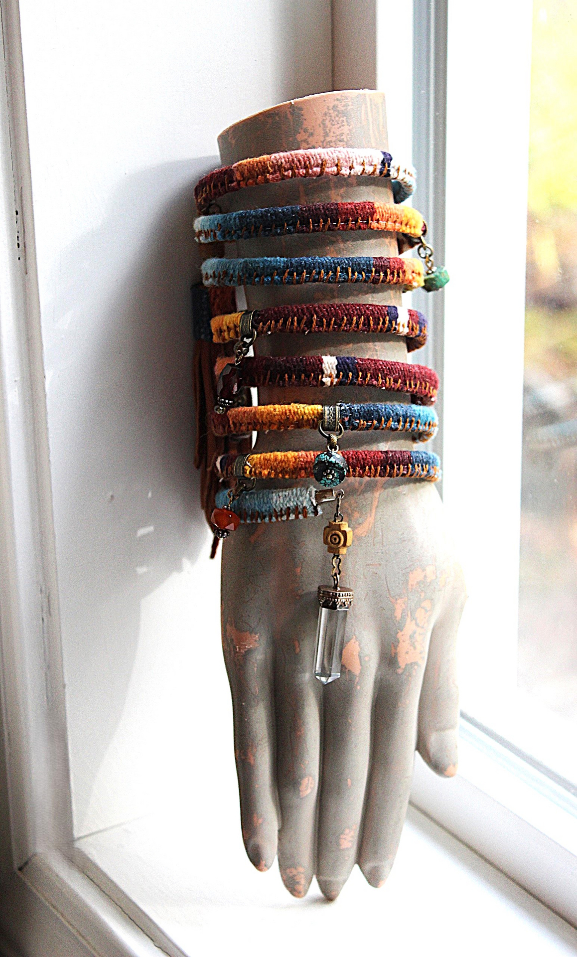 Antique Serape Textile Coil Bracelet with Sterling Capped Quartz Point, Serape Capped Leather Tassel,Faceted Gemstone & Turquoise Drops