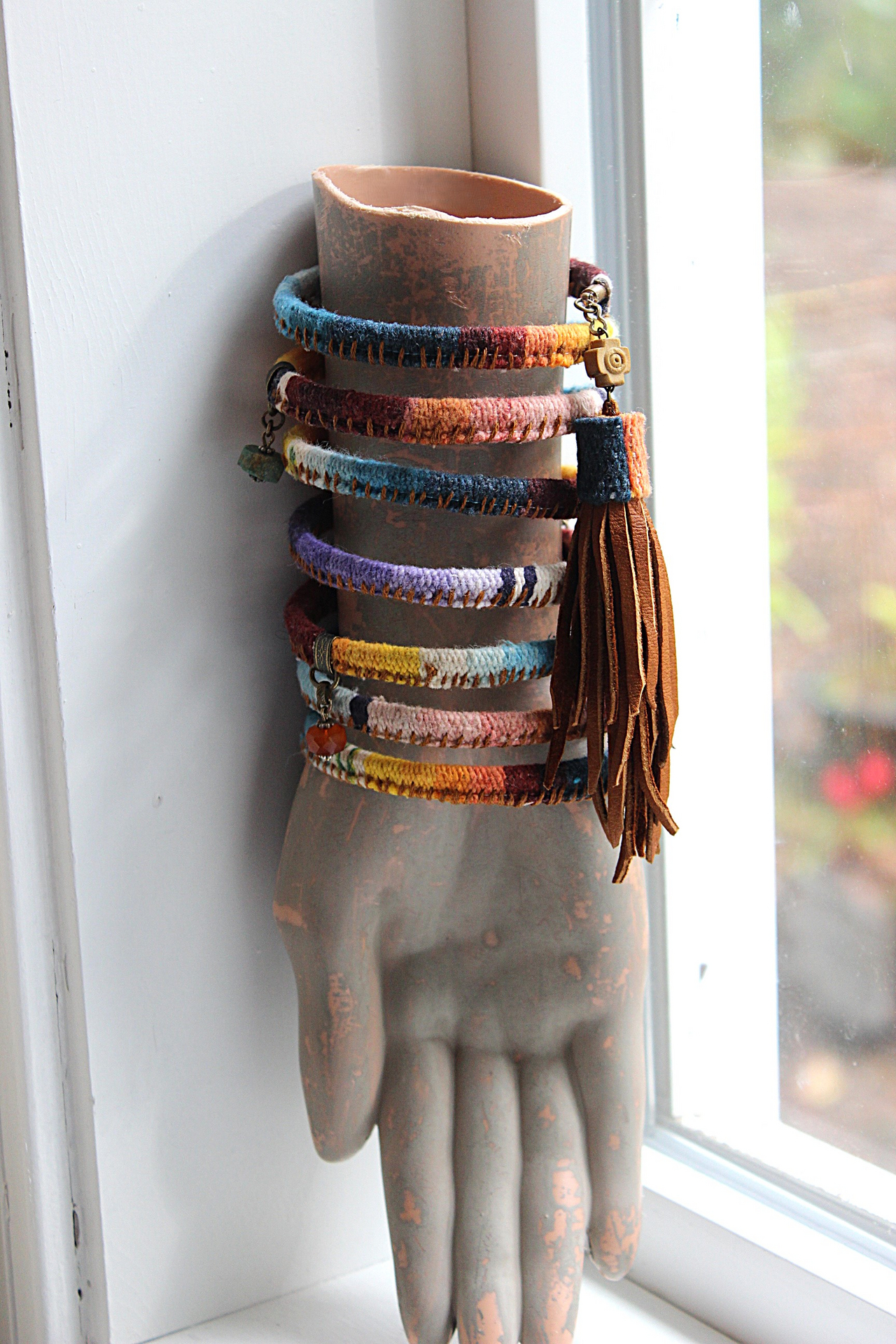 Antique Serape Textile Coil Bracelet with Sterling Capped Quartz Point, Serape Capped Leather Tassel,Faceted Gemstone & Turquoise Drops