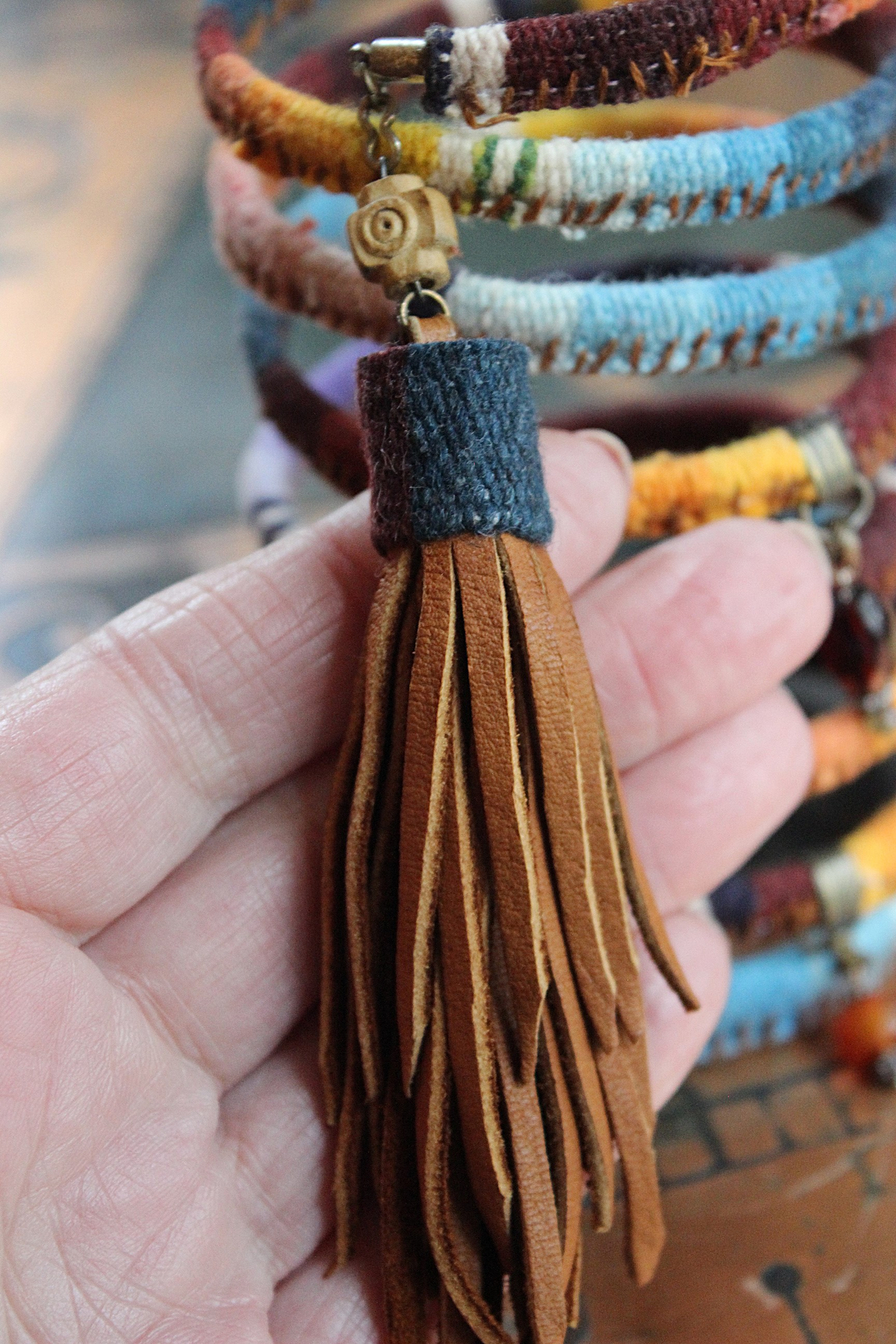 Antique Serape Textile Coil Bracelet with Sterling Capped Quartz Point, Serape Capped Leather Tassel,Faceted Gemstone & Turquoise Drops