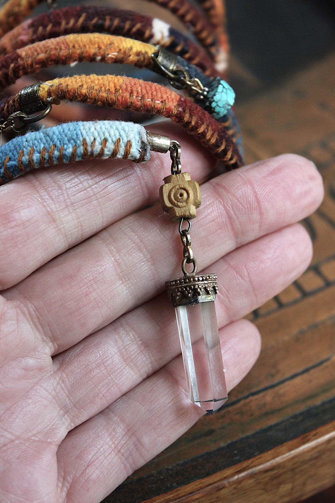 Antique Serape Textile Coil Bracelet with Sterling Capped Quartz Point, Serape Capped Leather Tassel,Faceted Gemstone & Turquoise Drops
