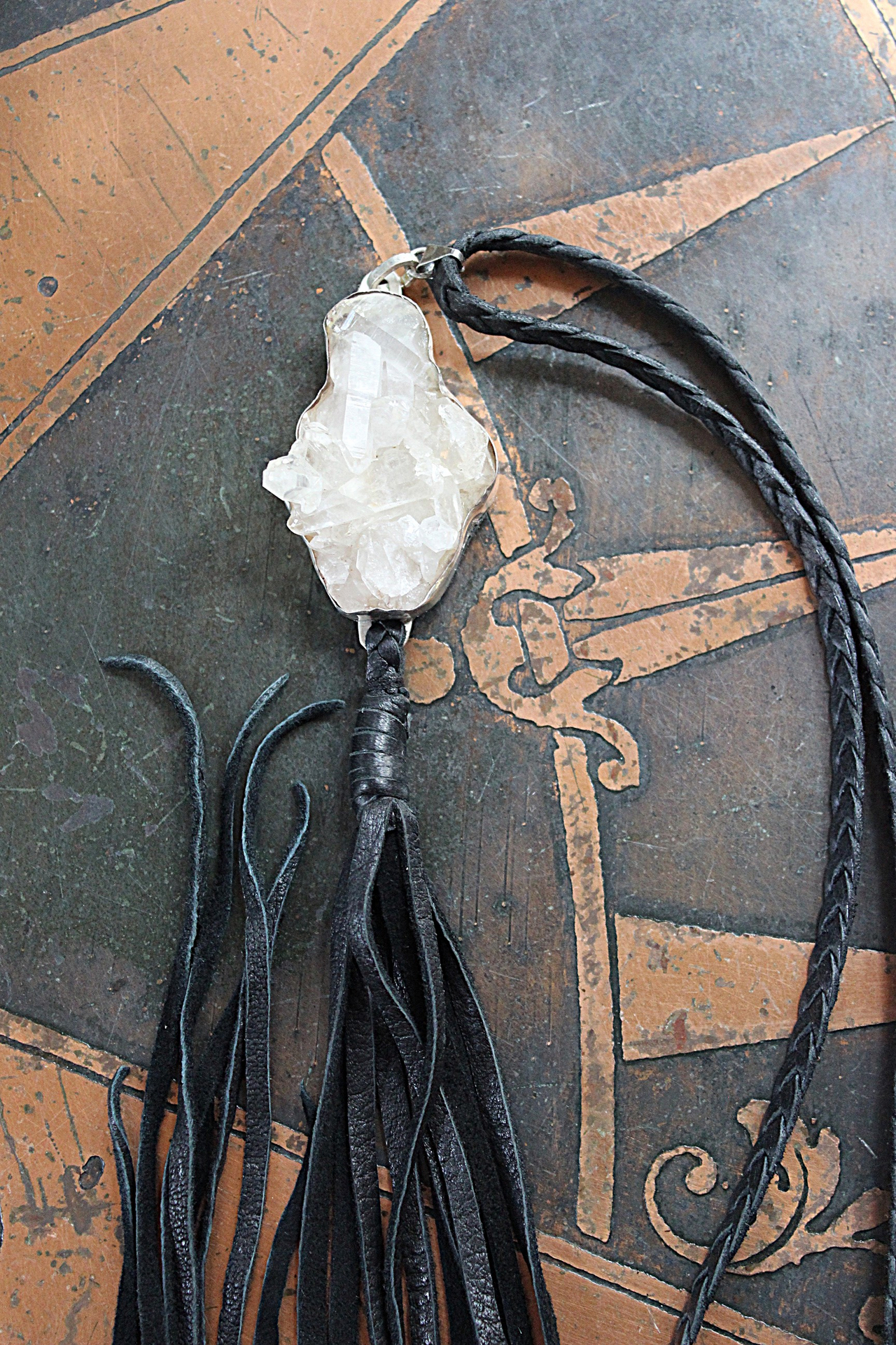 NEW! Seek That Necklace with Sterling Bezelled Faceted Rock Quartz Pendant, Long Butter Soft Leather Tassel and Braided Leather Chain 