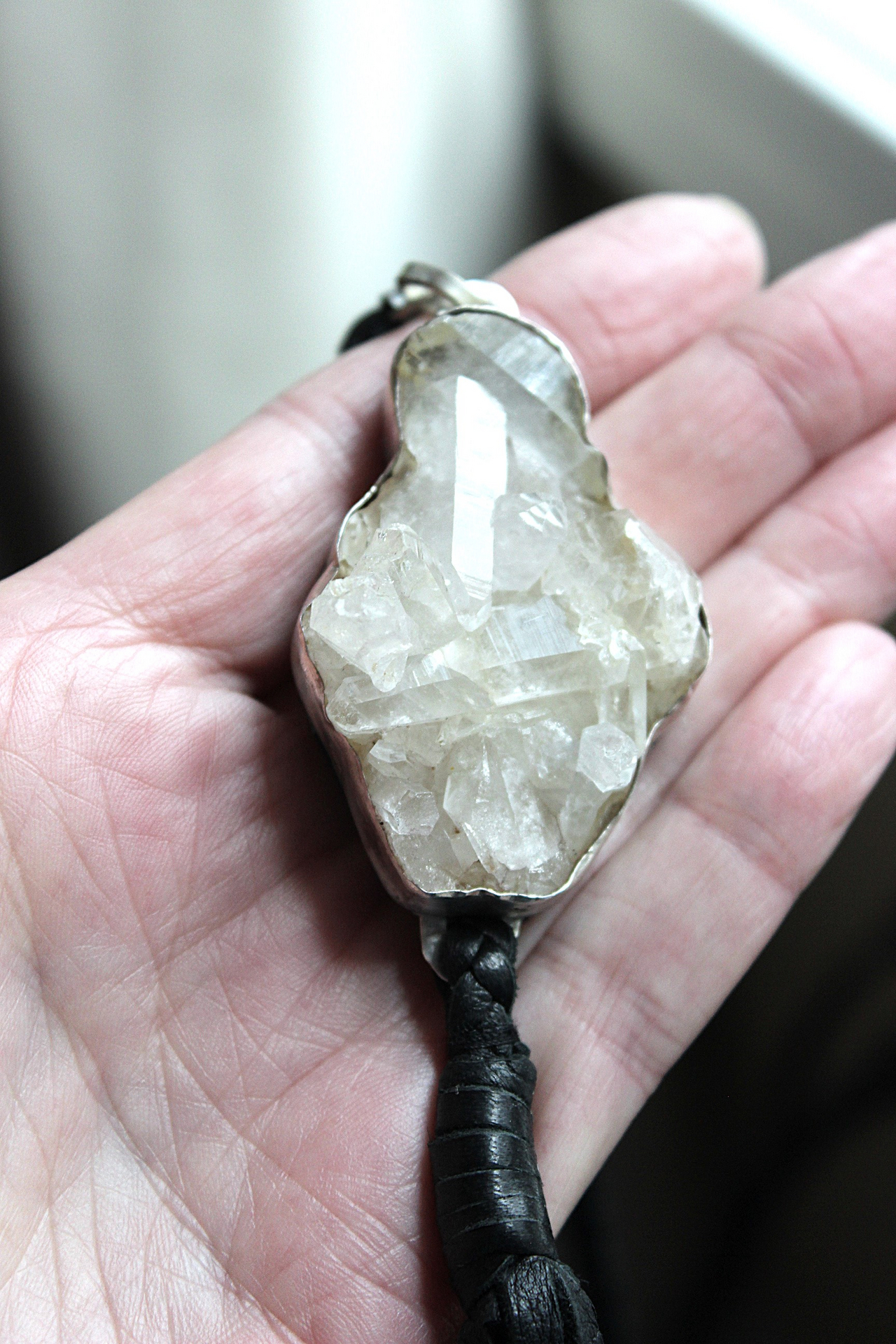 NEW! Seek That Necklace with Sterling Bezelled Faceted Rock Quartz Pendant, Long Butter Soft Leather Tassel and Braided Leather Chain 