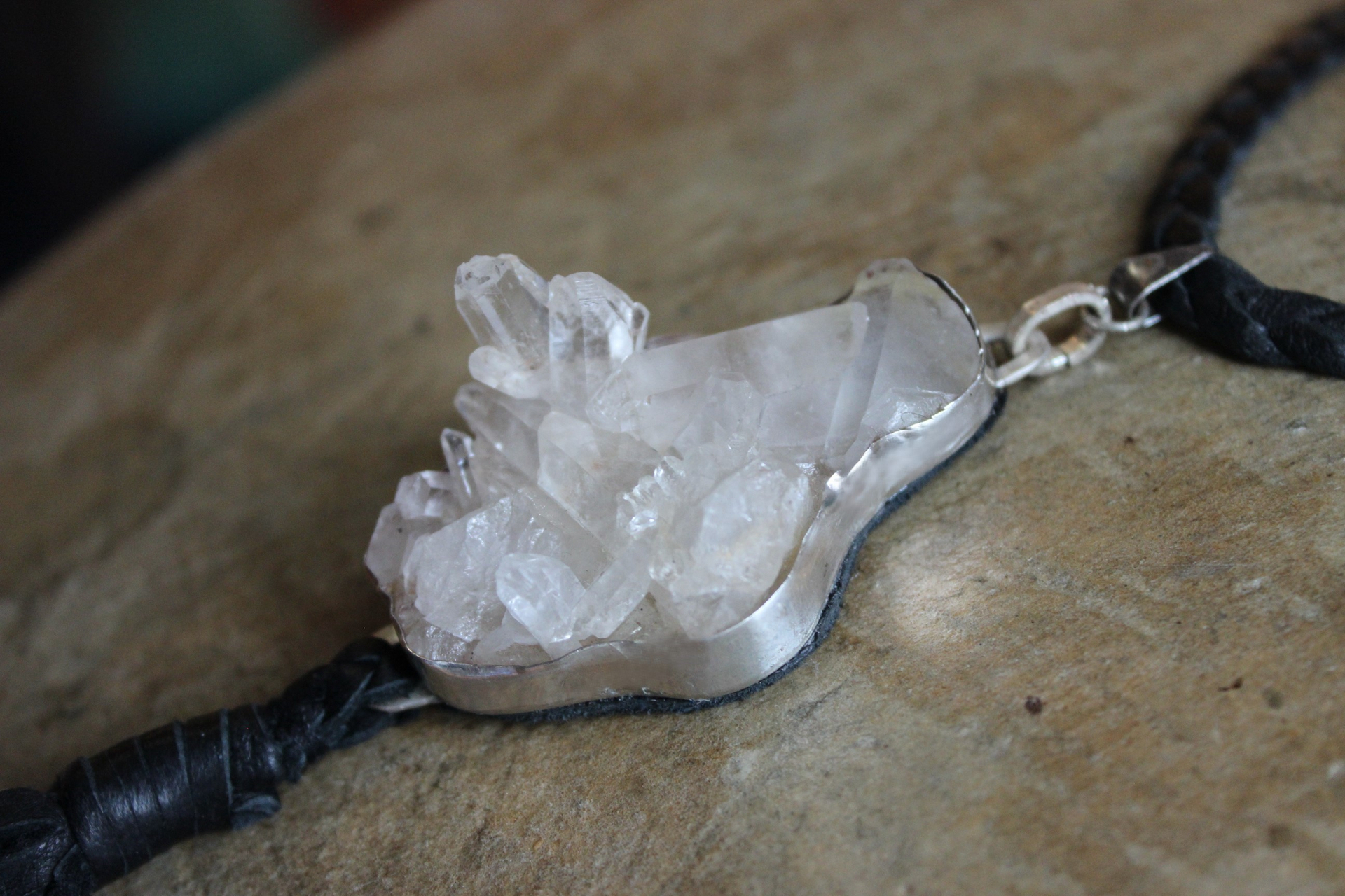 NEW! Seek That Necklace with Sterling Bezelled Faceted Rock Quartz Pendant, Long Butter Soft Leather Tassel and Braided Leather Chain 