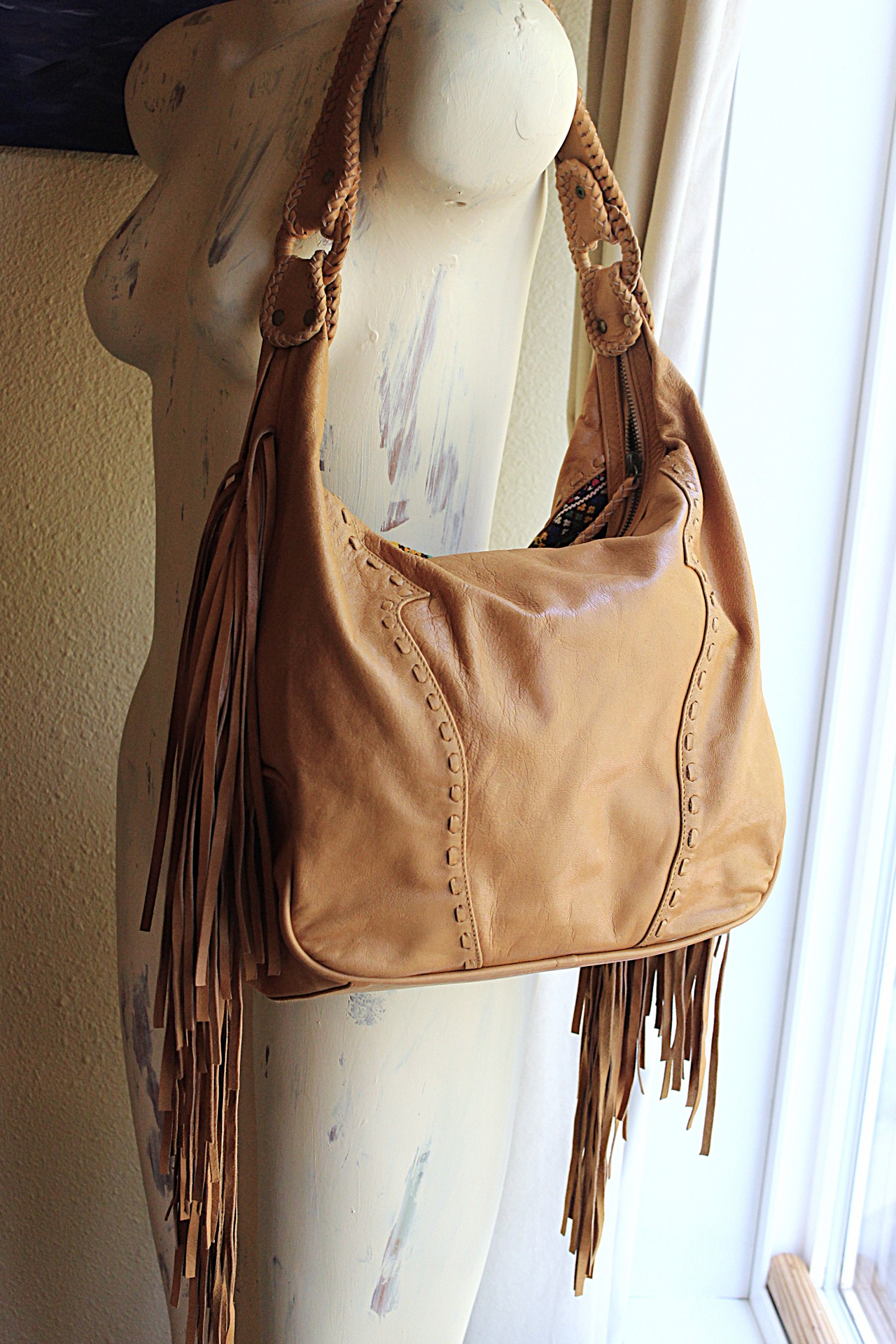 OOAK High Quality Kavana Butter Soft Leather Fringe Bag with Woven Banjara Textile, Stitching Details and Whipstitched Strap