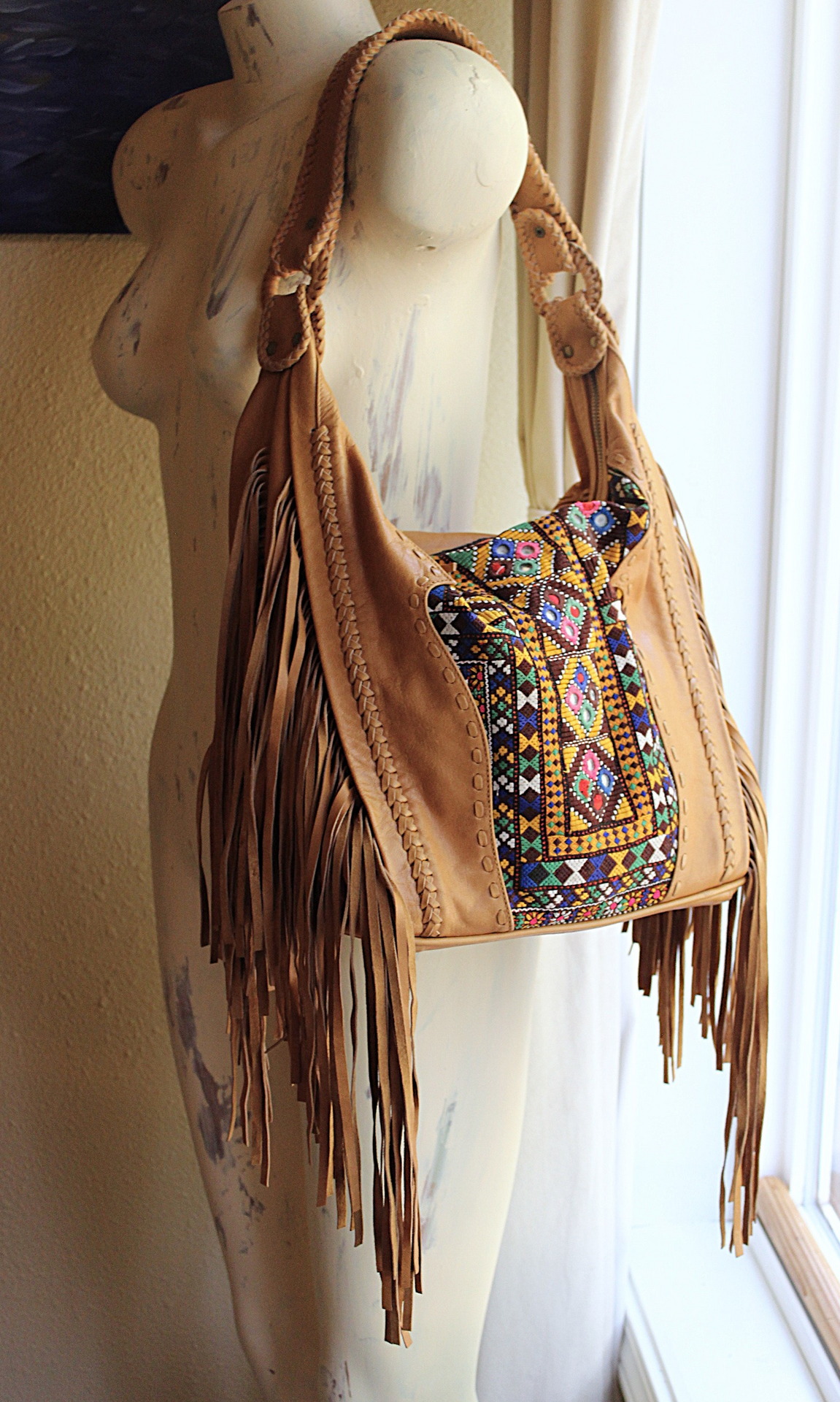 OOAK High Quality Kavana Butter Soft Leather Fringe Bag with Woven Banjara Textile, Stitching Details and Whipstitched Strap