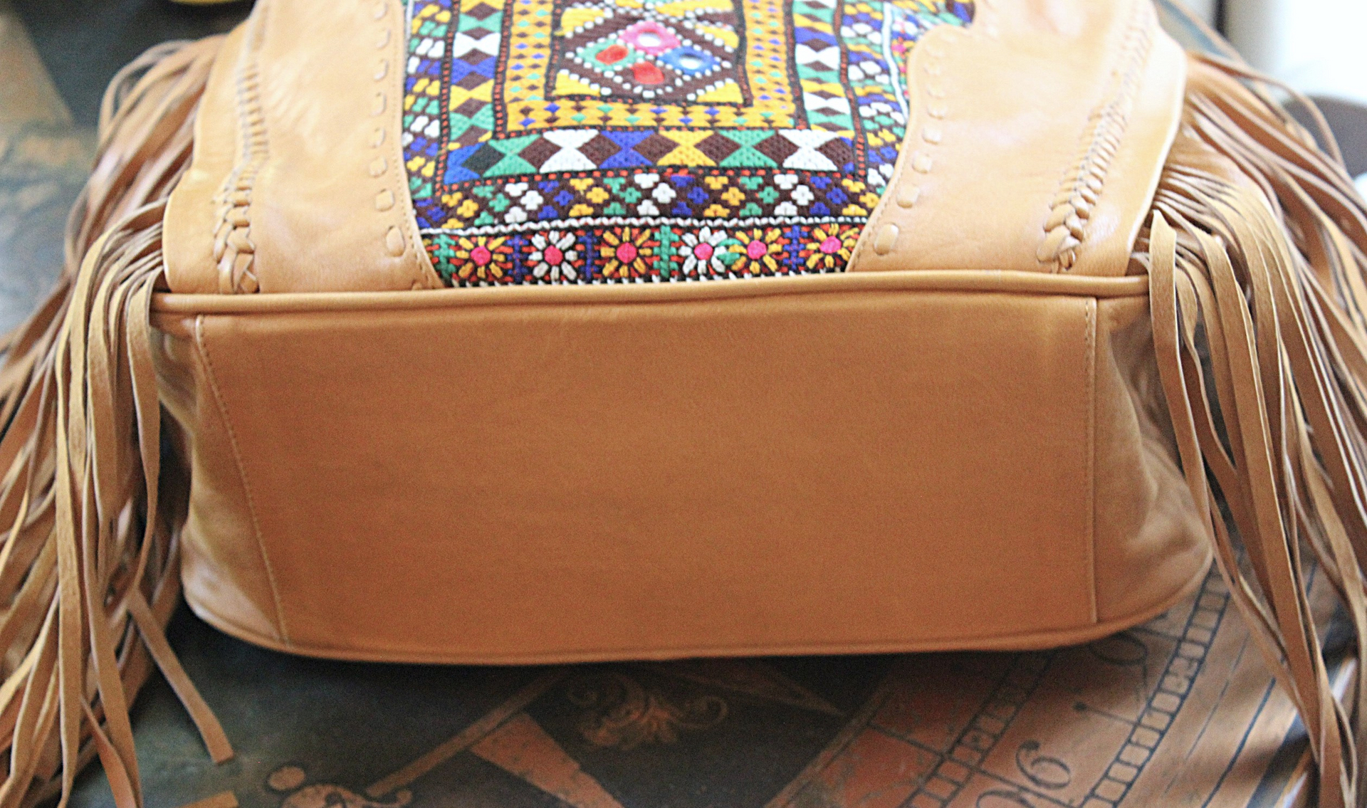 OOAK High Quality Kavana Butter Soft Leather Fringe Bag with Woven Banjara Textile, Stitching Details and Whipstitched Strap
