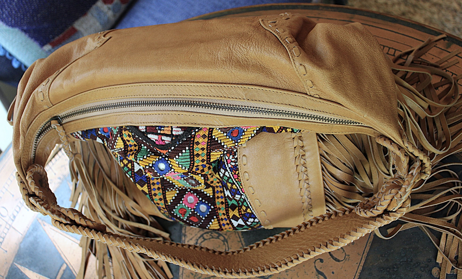 OOAK High Quality Kavana Butter Soft Leather Fringe Bag with Woven Banjara Textile, Stitching Details and Whipstitched Strap