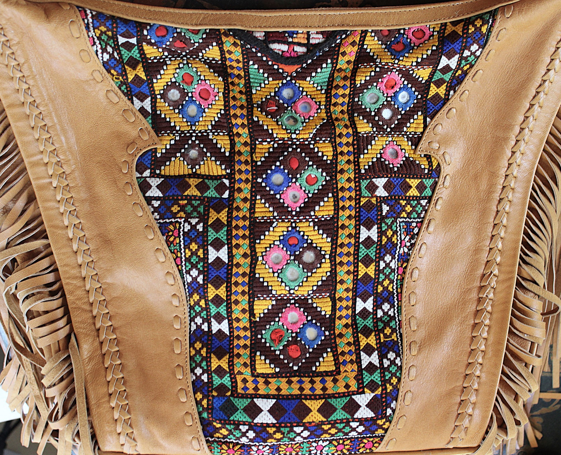 OOAK High Quality Kavana Butter Soft Leather Fringe Bag with Woven Banjara Textile, Stitching Details and Whipstitched Strap