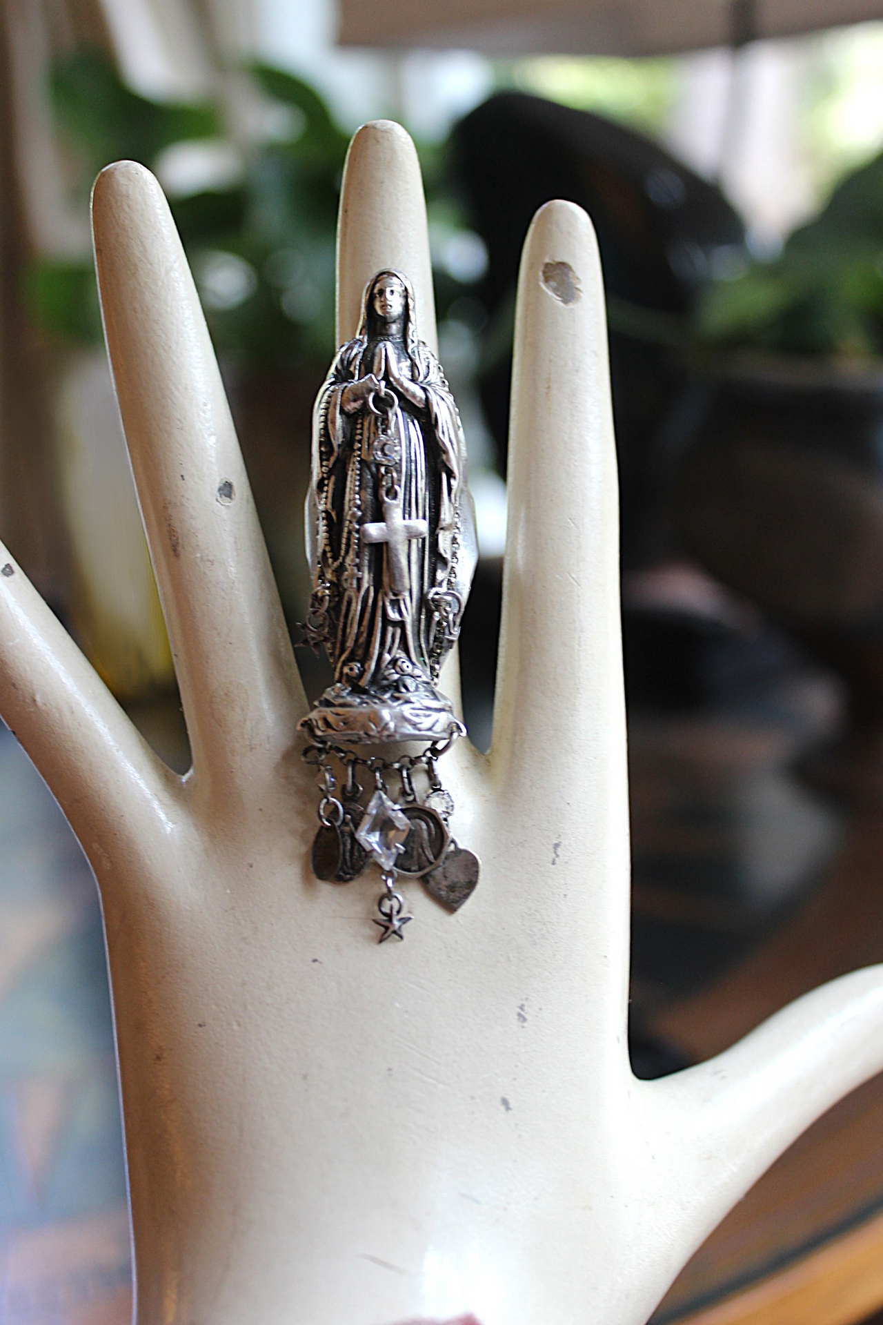 Sold to L Our Mother Sterling Ring with Antique Benitier Mother Mary,Tiny Antique French Medals,Antique Faceted Rock Crystal Connectors 