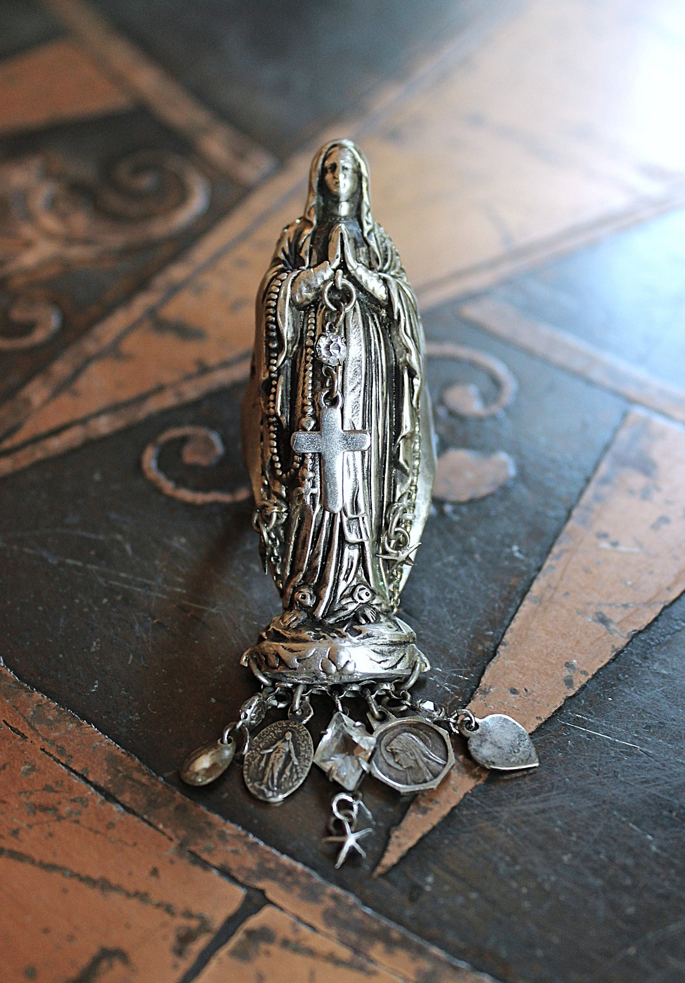 Sold to L Our Mother Sterling Ring with Antique Benitier Mother Mary,Tiny Antique French Medals,Antique Faceted Rock Crystal Connectors 