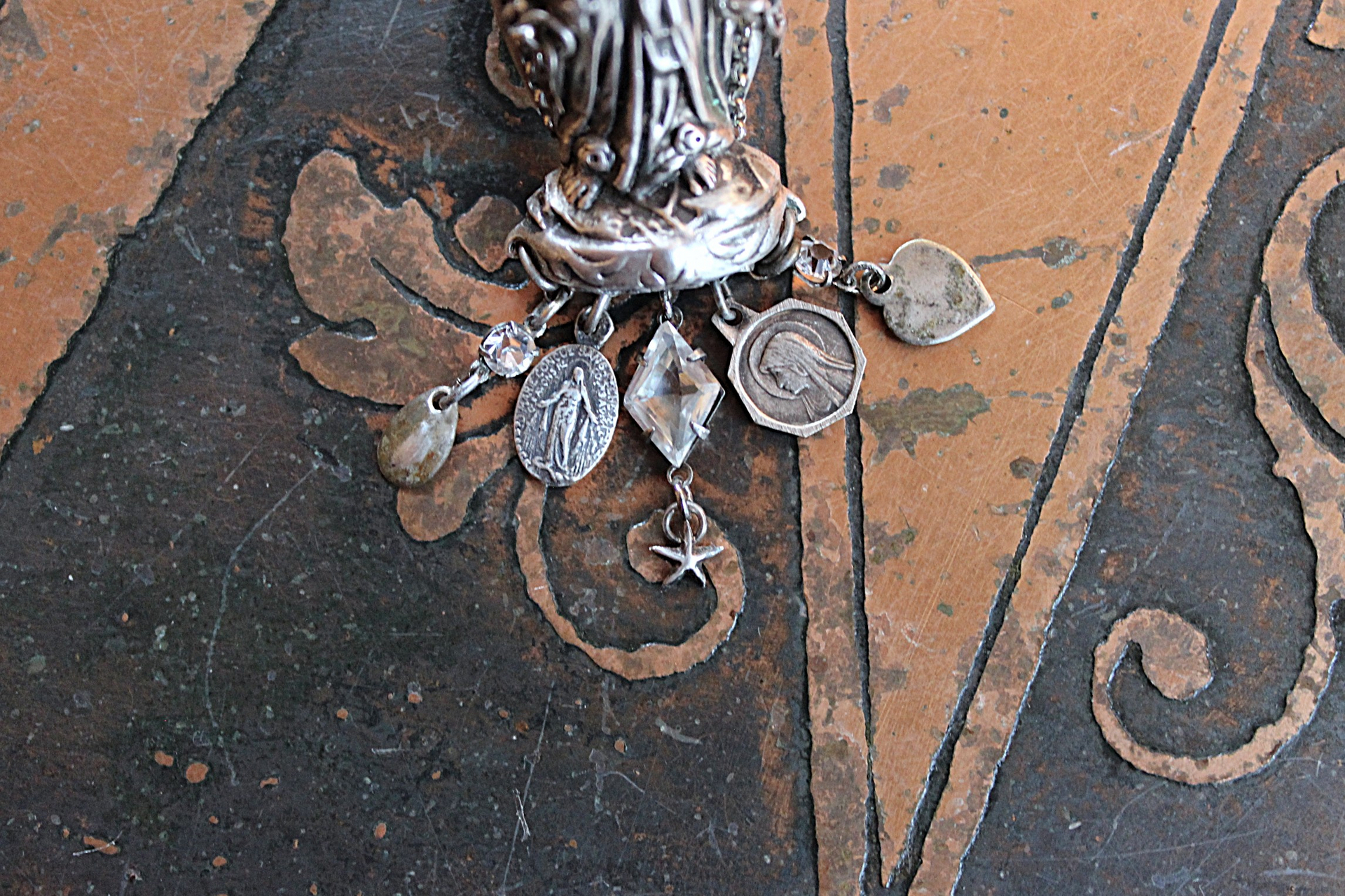 Sold to L Our Mother Sterling Ring with Antique Benitier Mother Mary,Tiny Antique French Medals,Antique Faceted Rock Crystal Connectors 