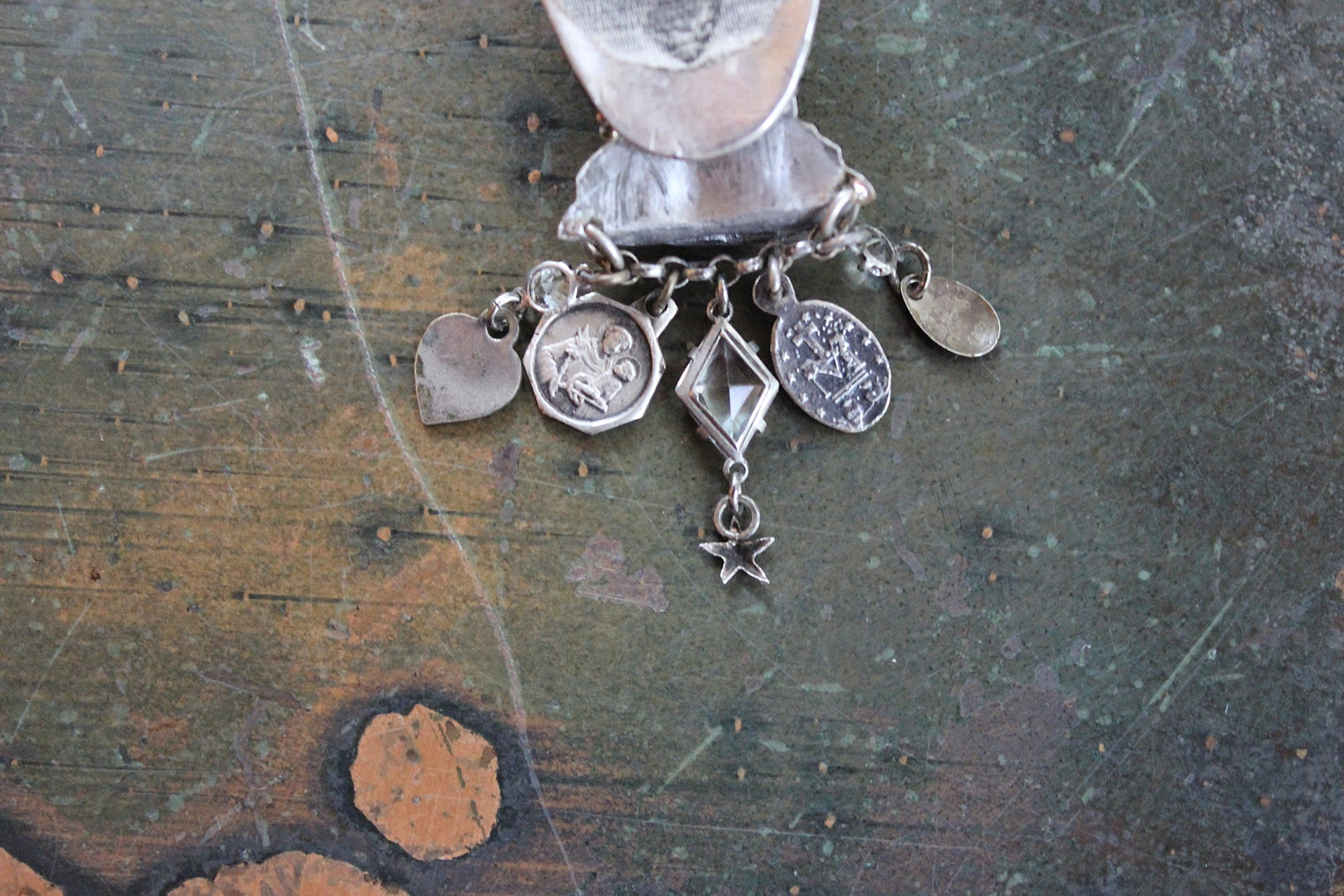 Sold to L Our Mother Sterling Ring with Antique Benitier Mother Mary,Tiny Antique French Medals,Antique Faceted Rock Crystal Connectors 