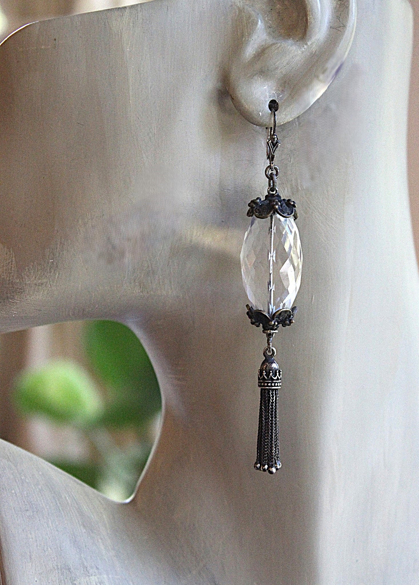 Better Things Earrings with Faceted Clear Rock Quartz,Unique Bead Point Caps, Sterling Foxtail Chain Tassels, Sterling Earring Wires