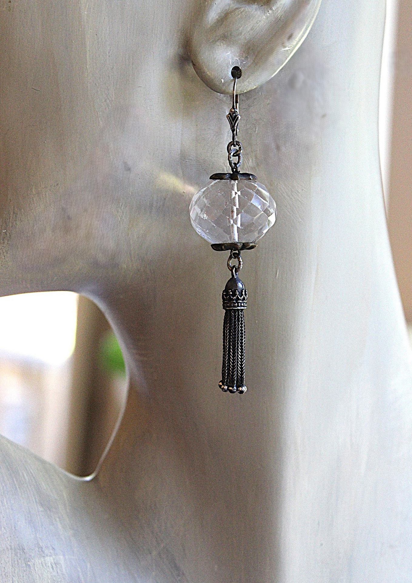 Better Things Earrings with Faceted Clear Rock Quartz,Unique Bead Point Caps, Sterling Foxtail Chain Tassels, Sterling Earring Wires
