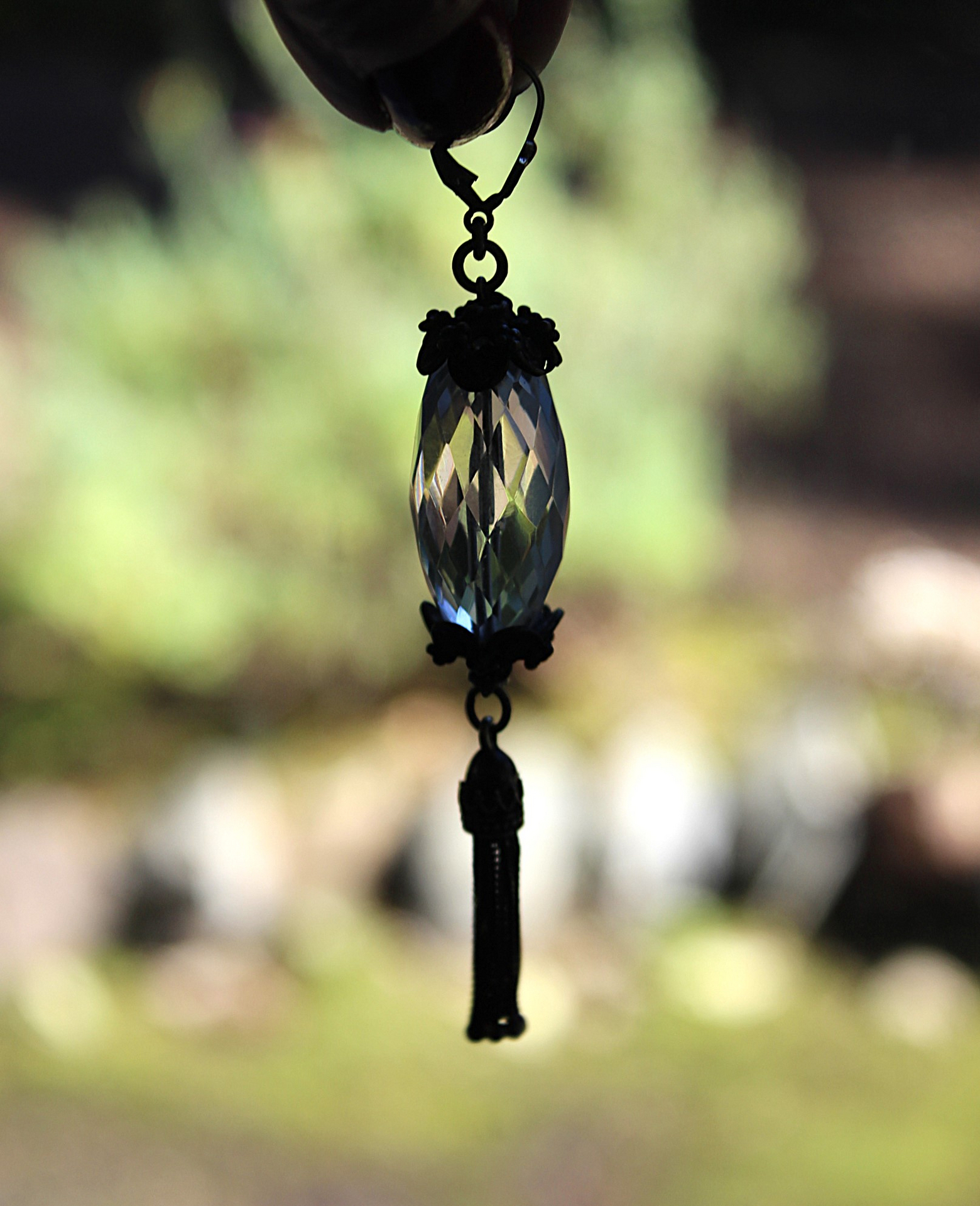 Better Things Earrings with Faceted Clear Rock Quartz,Unique Bead Point Caps, Sterling Foxtail Chain Tassels, Sterling Earring Wires