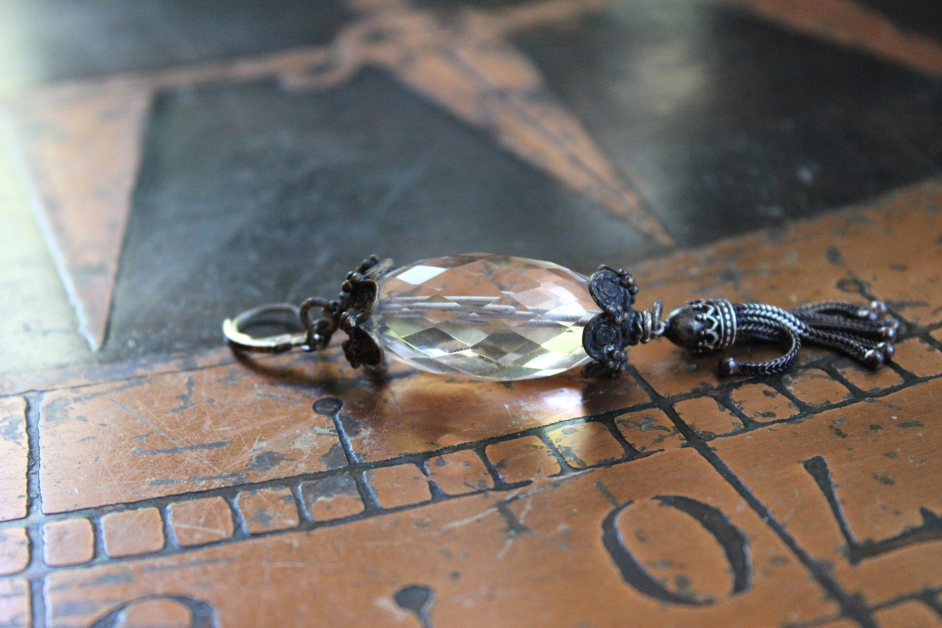 Better Things Earrings with Faceted Clear Rock Quartz,Unique Bead Point Caps, Sterling Foxtail Chain Tassels, Sterling Earring Wires