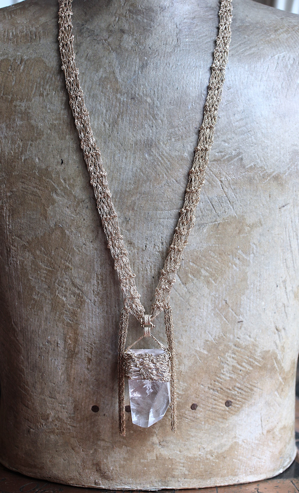 Tower of the Past Necklace with Crocheted Chain and One of a Kind Clear Rock Quartz Pendant