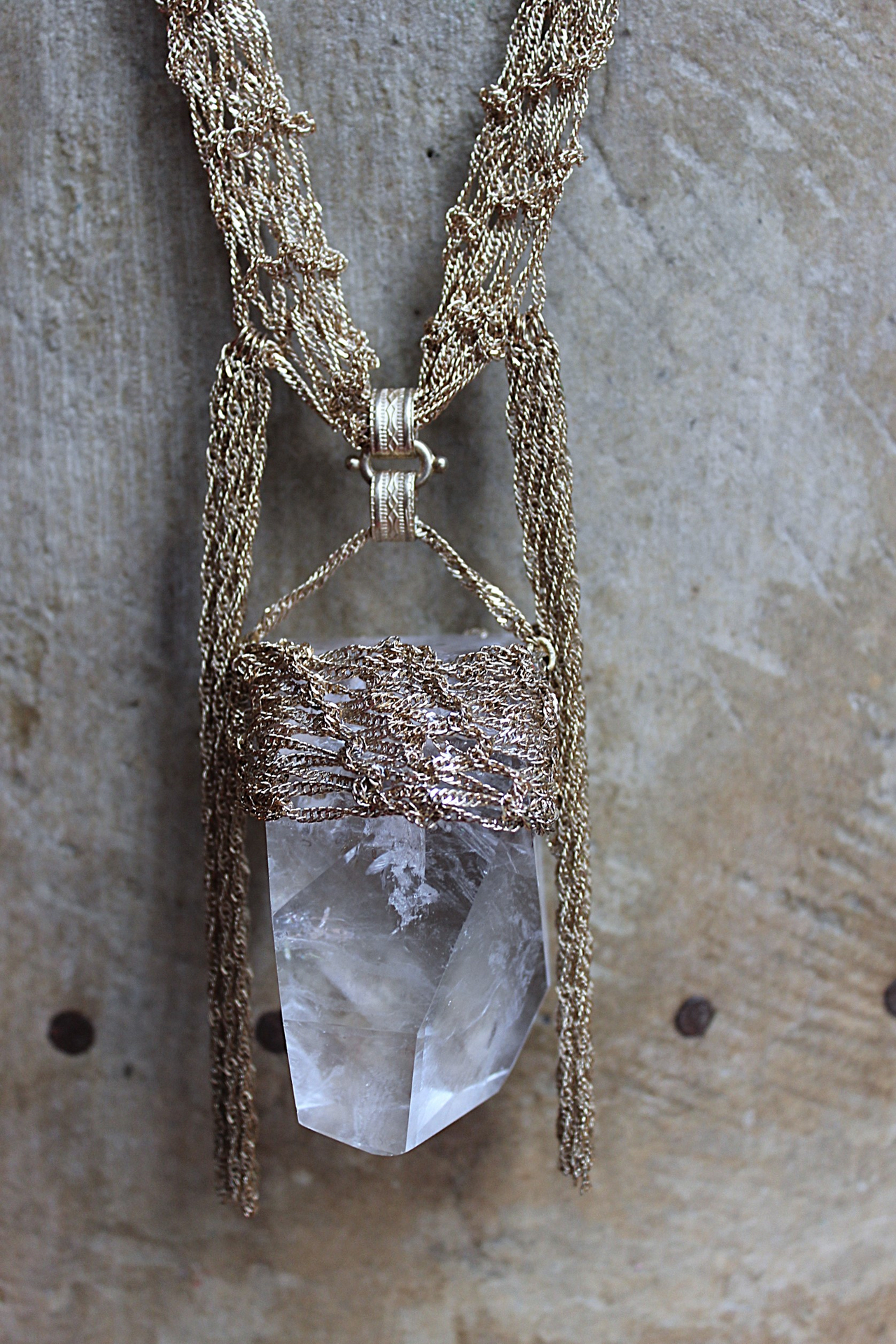 Tower of the Past Necklace with Crocheted Chain and One of a Kind Clear Rock Quartz Pendant