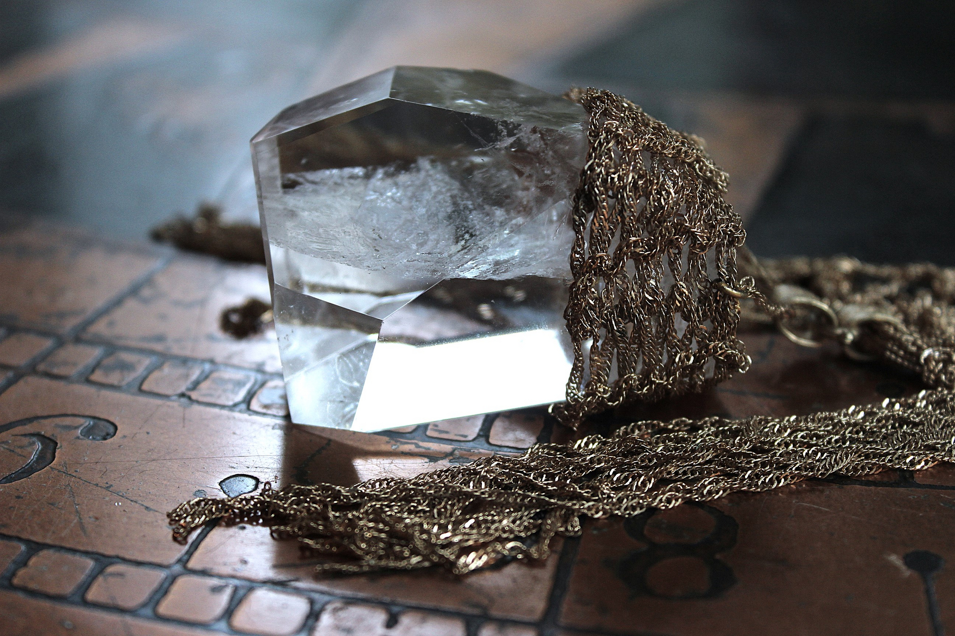Tower of the Past Necklace with Crocheted Chain and One of a Kind Clear Rock Quartz Pendant