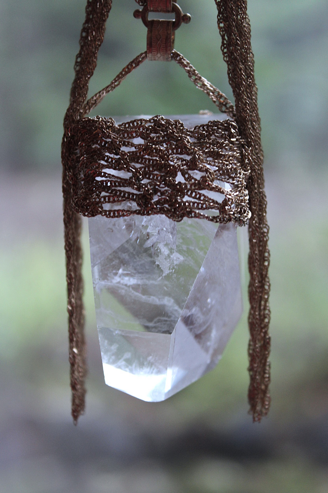 Tower of the Past Necklace with Crocheted Chain and One of a Kind Clear Rock Quartz Pendant