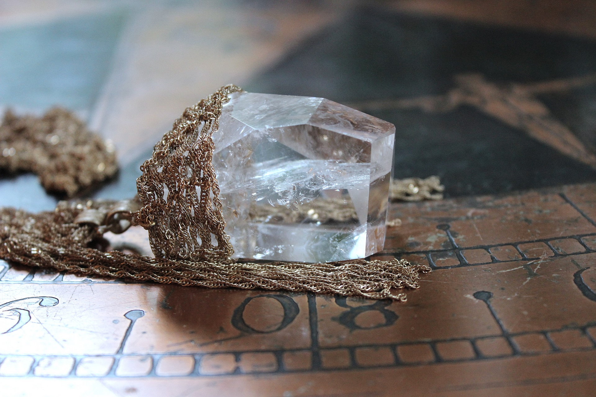 Tower of the Past Necklace with Crocheted Chain and One of a Kind Clear Rock Quartz Pendant